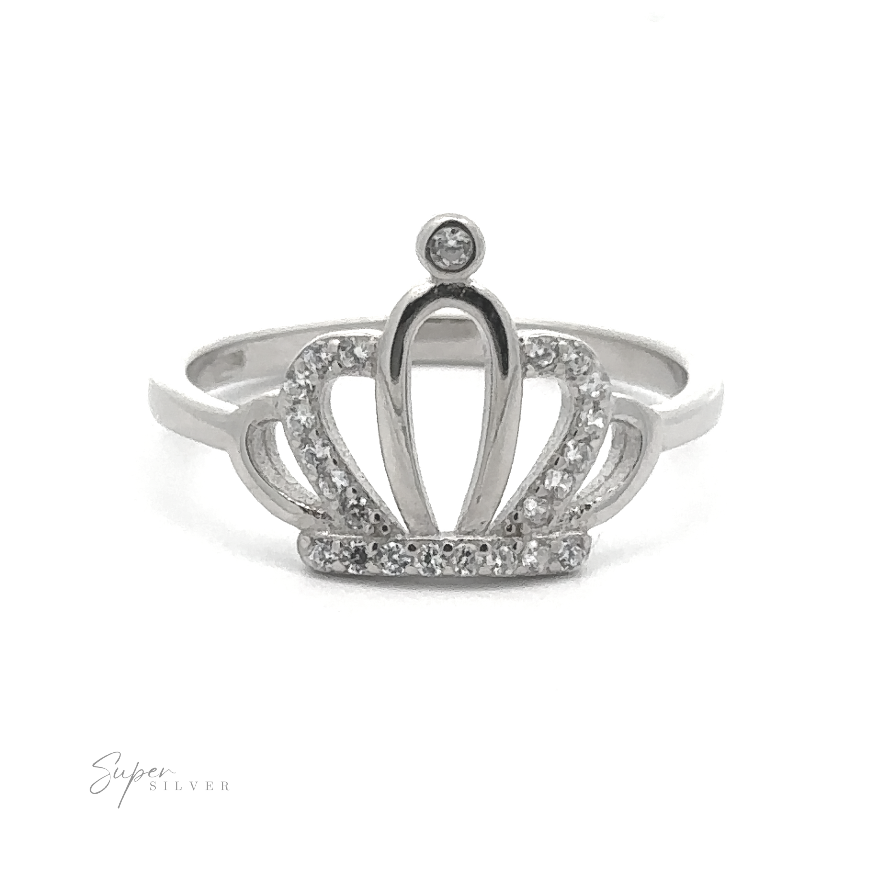 The Cubic Zirconia Crown Ring, crafted from sterling silver and embellished with pavé cubic zirconia, is a timeless statement piece. The word "Super Silver" graces the bottom left corner.