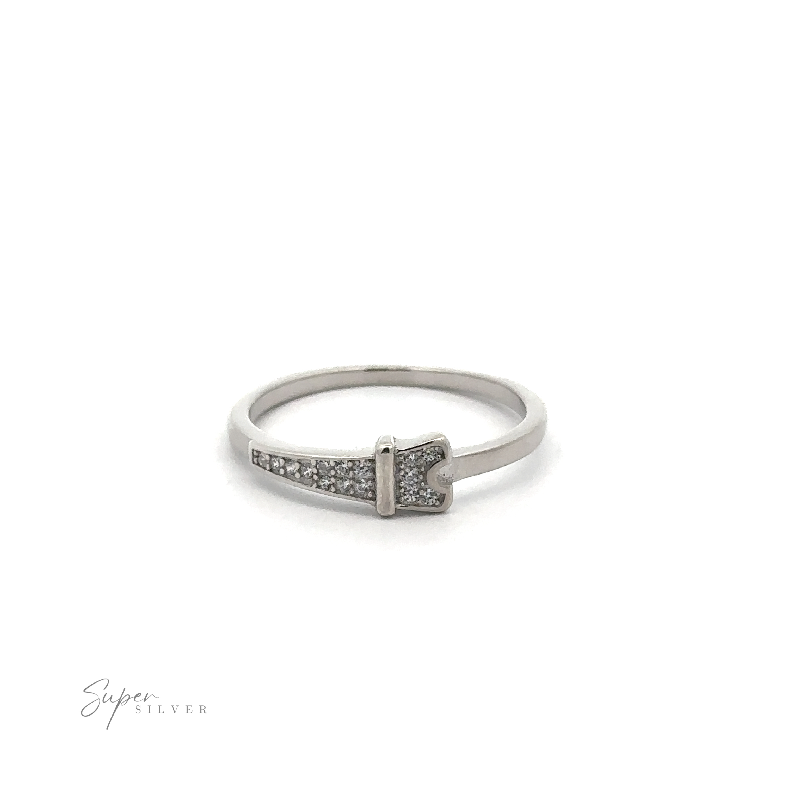 The Pave Cubic Zirconia Eiffel Tower Ring exudes Parisian elegance with its unique geometric design and small embedded stones, beautifully set against a plain white background.