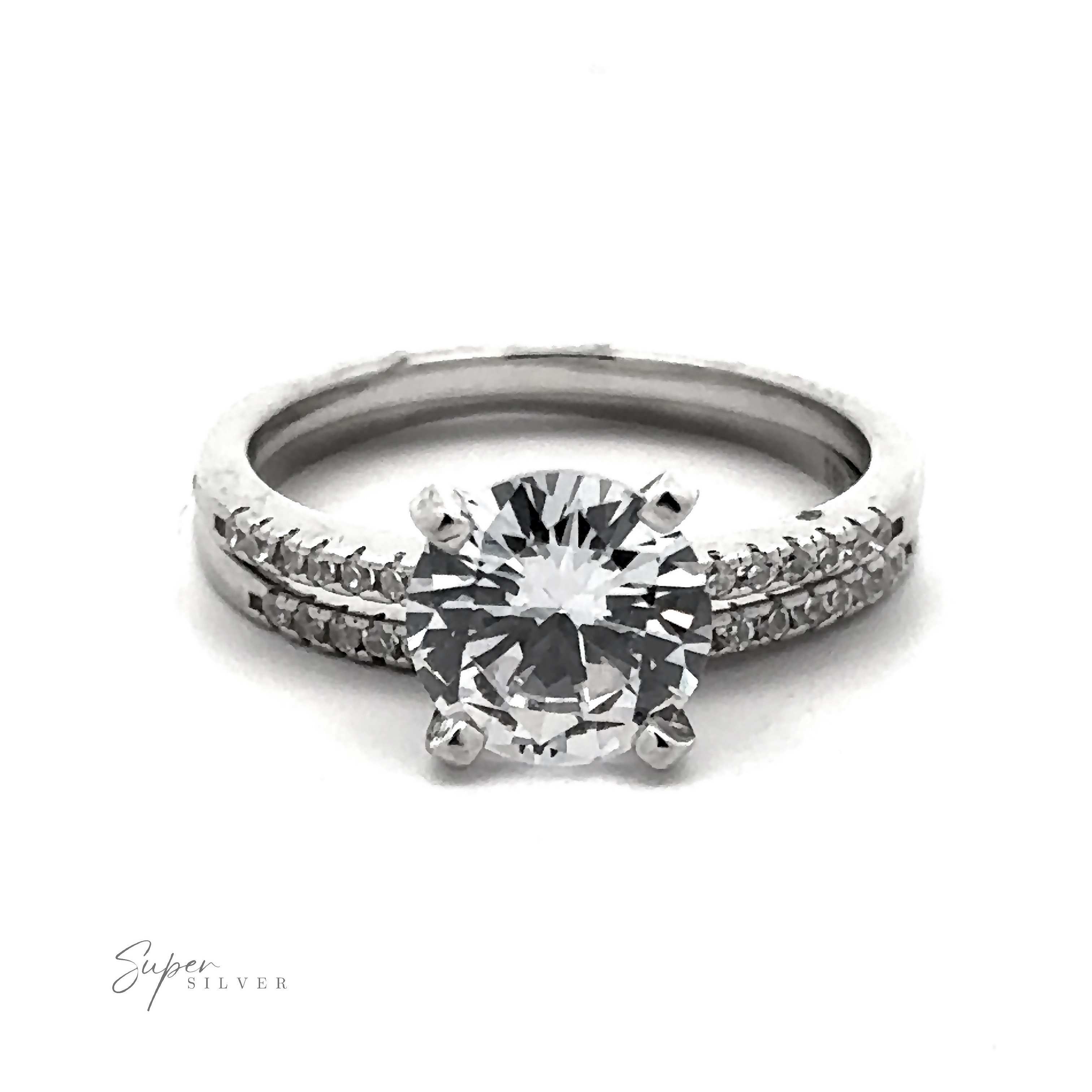A Round Cubic Zirconia Wedding Set Ring with a large round solitaire diamond set in the center, flanked by rows of pave accents on the band. The text "Super Silver" appears in the bottom left corner.