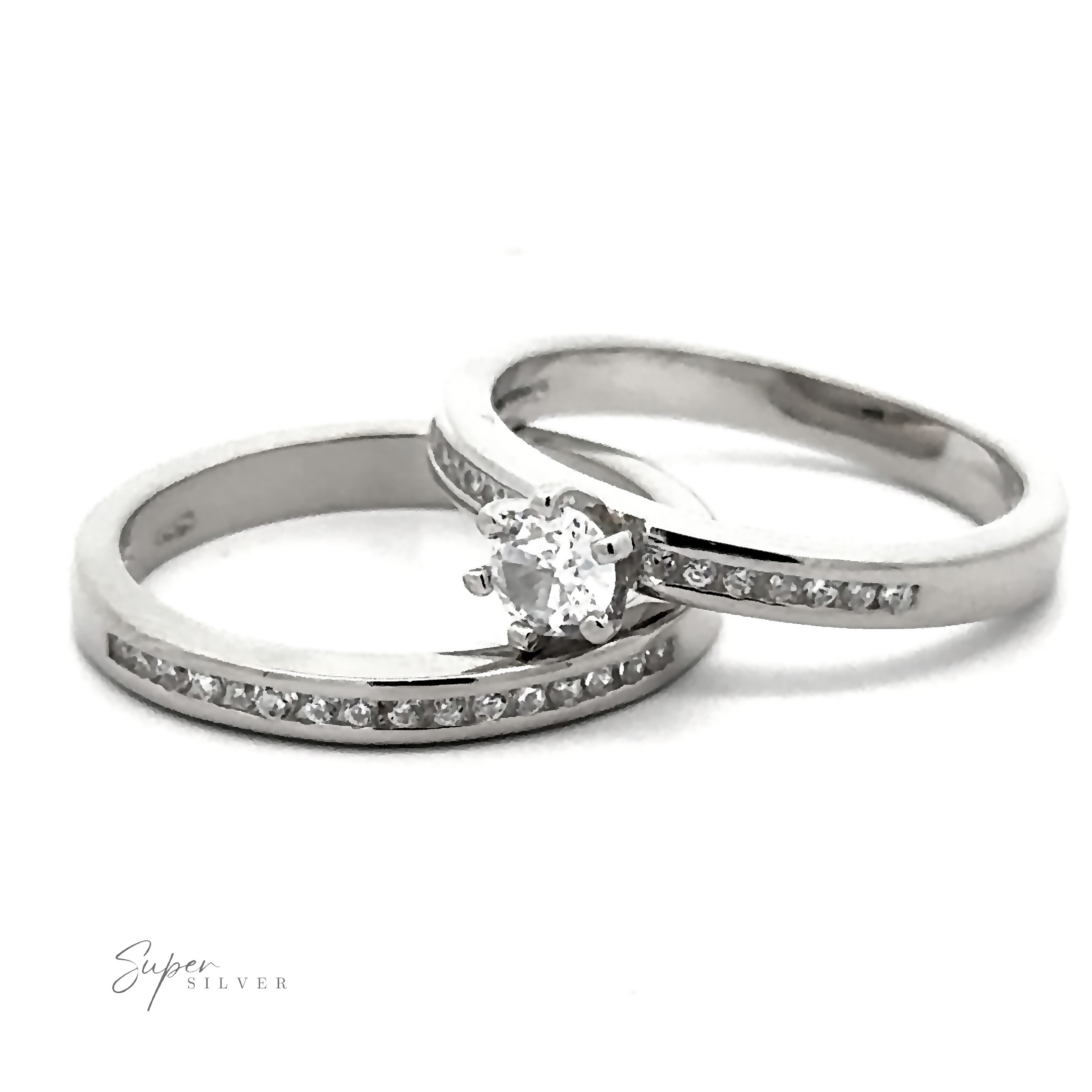 Brilliant Round Cubic Zirconia Wedding Ring Set Super Silver