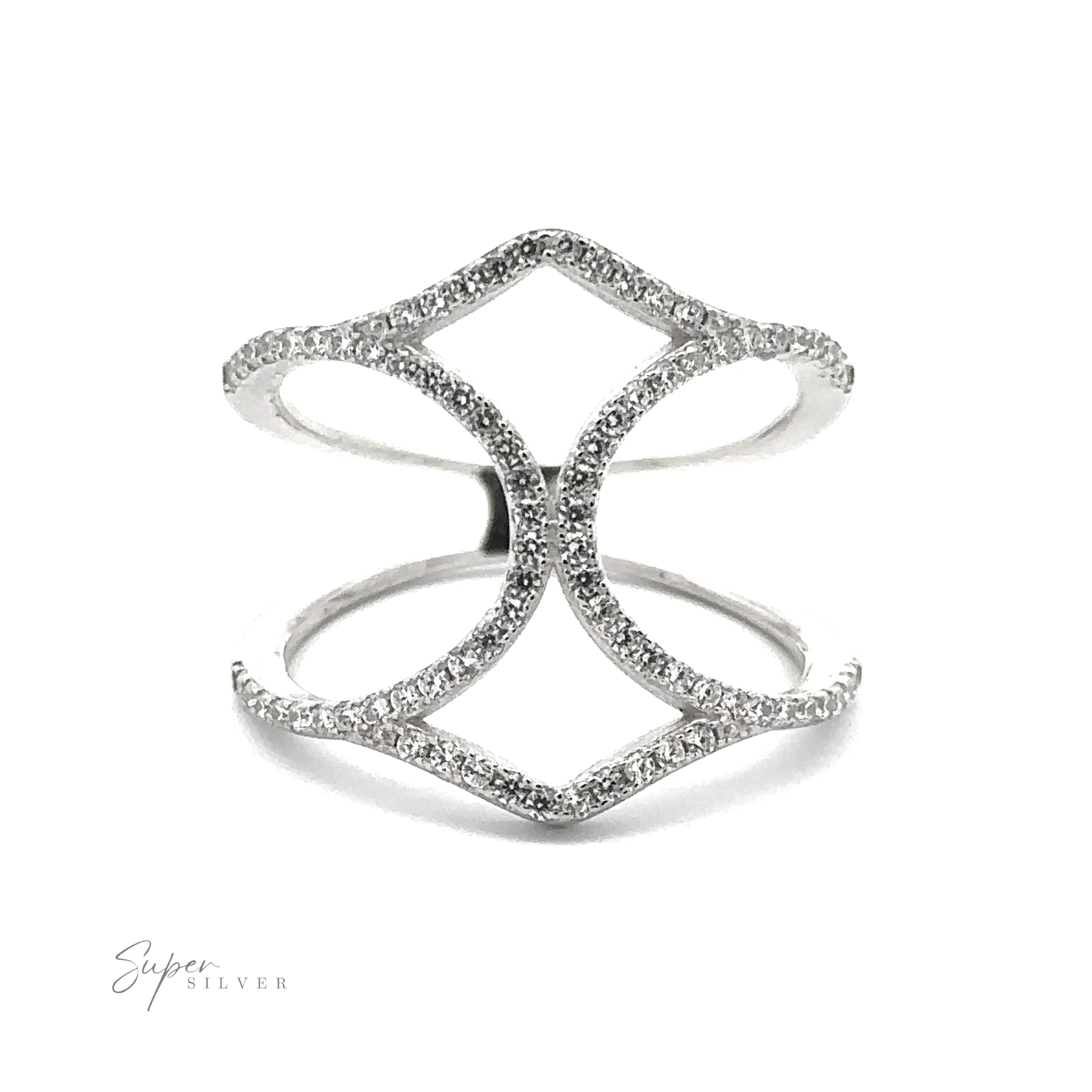 A Pavé Ring with Large Open Band adorned with small diamonds in a pavé setting, forming an elegant, symmetrical design resembling a butterfly in the middle. The image has the text "Super Silver" in the lower left corner.