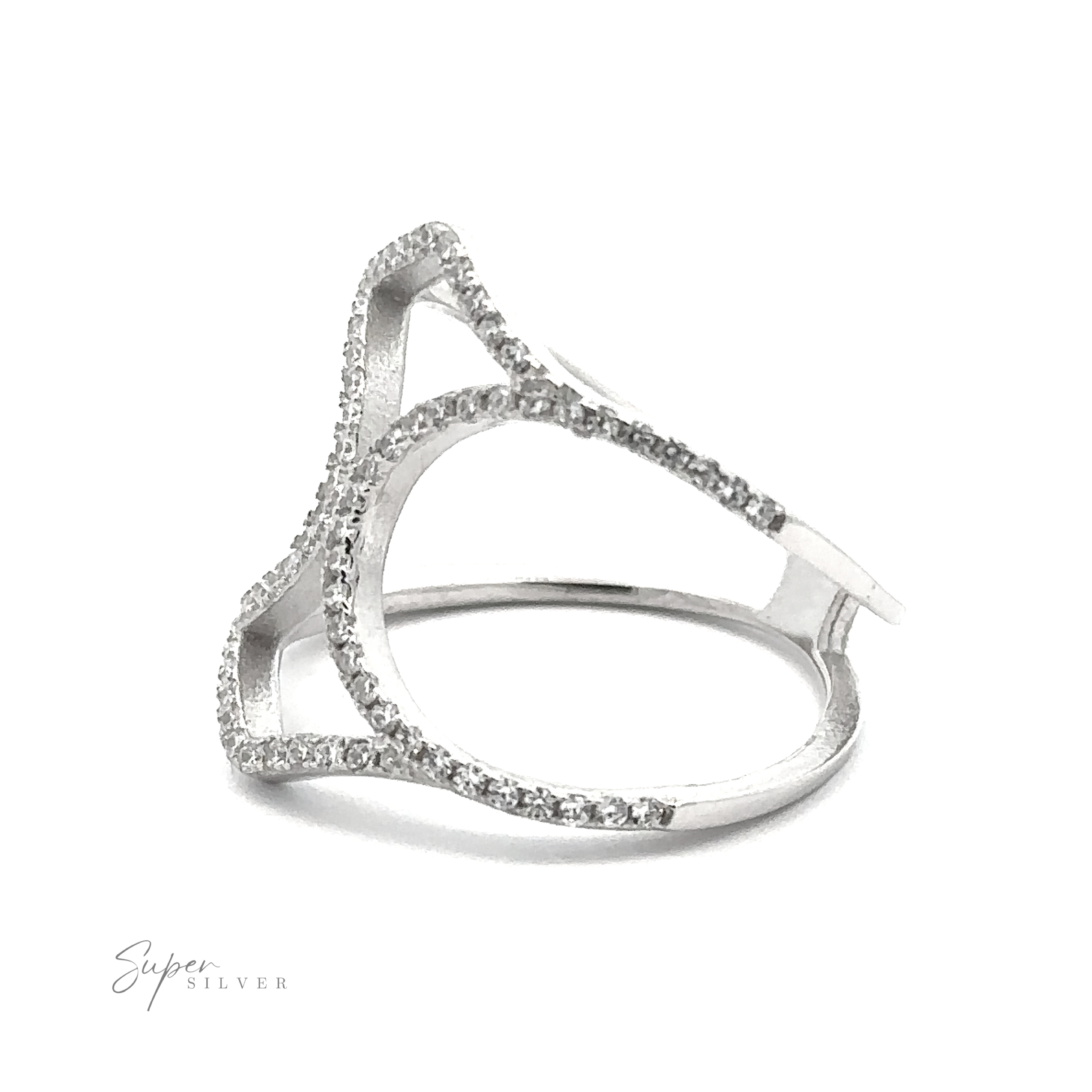 A sterling silver ring with an intricate design featuring multiple curved lines, each adorned with small, sparkling stones in a pavé setting. Labeled "Pavé Ring with Large Open Band," this cubic zirconia ring exudes elegance and sophistication.