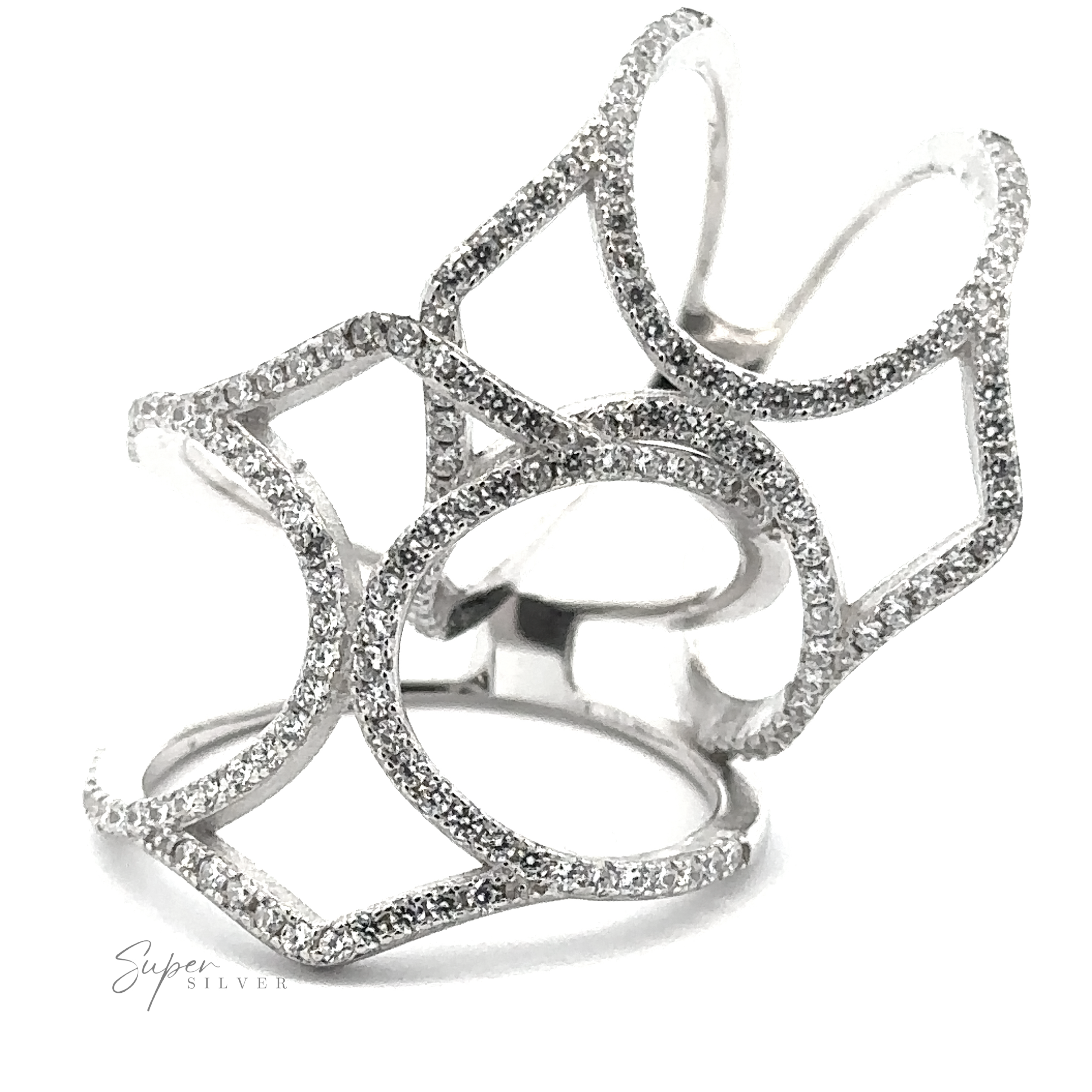 A Pavé Ring with Large Open Band with multiple interconnected geometric shapes and encrusted with small sparkling stones in a pavé setting. The "Super Silver" logo is visible at the bottom left.