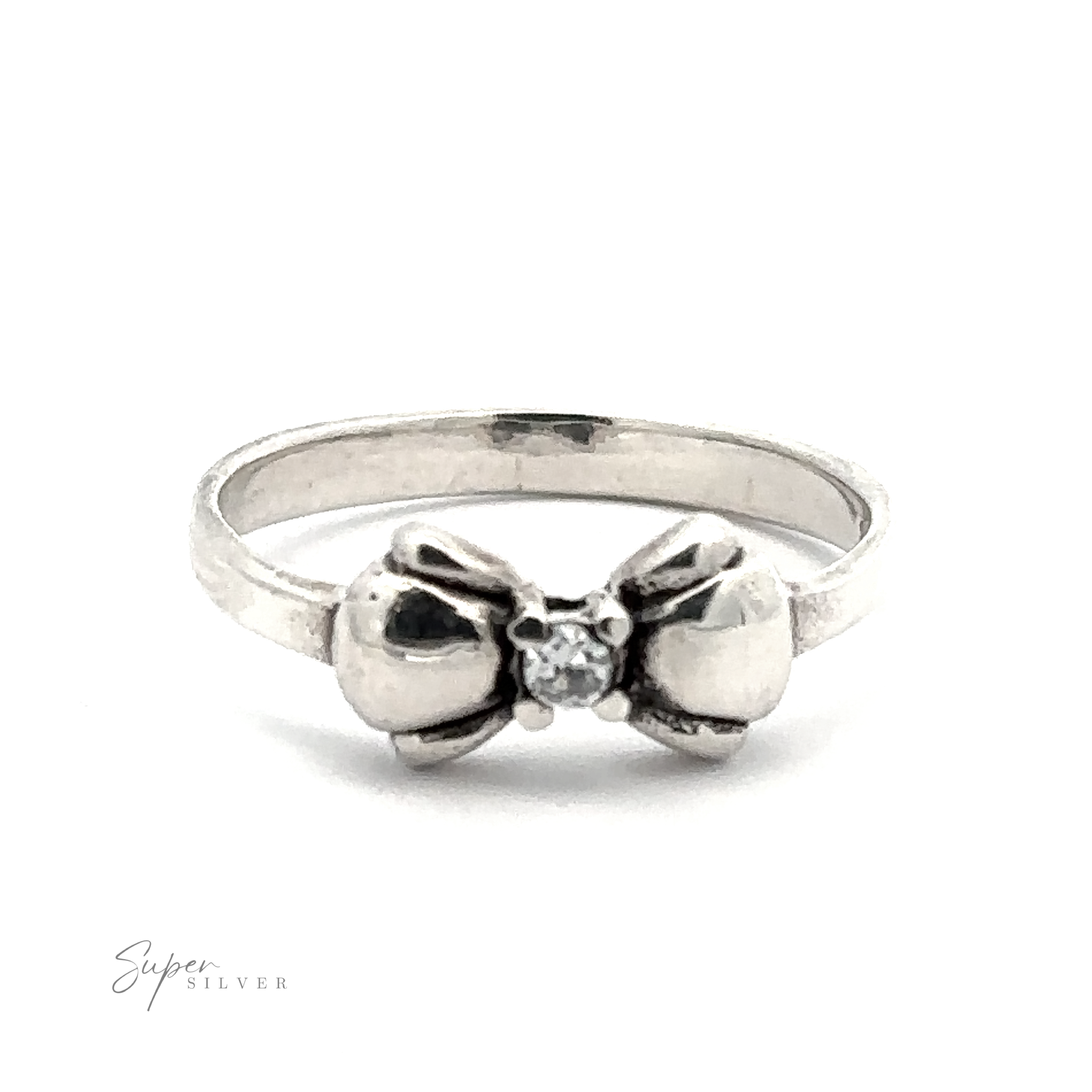 A sterling silver ring with a bow design and a small central black cubic zirconia gemstone. The bow is detailed, and the band is plain. The ring is labeled "Adorable Cubic Zirconia Bow Ring.