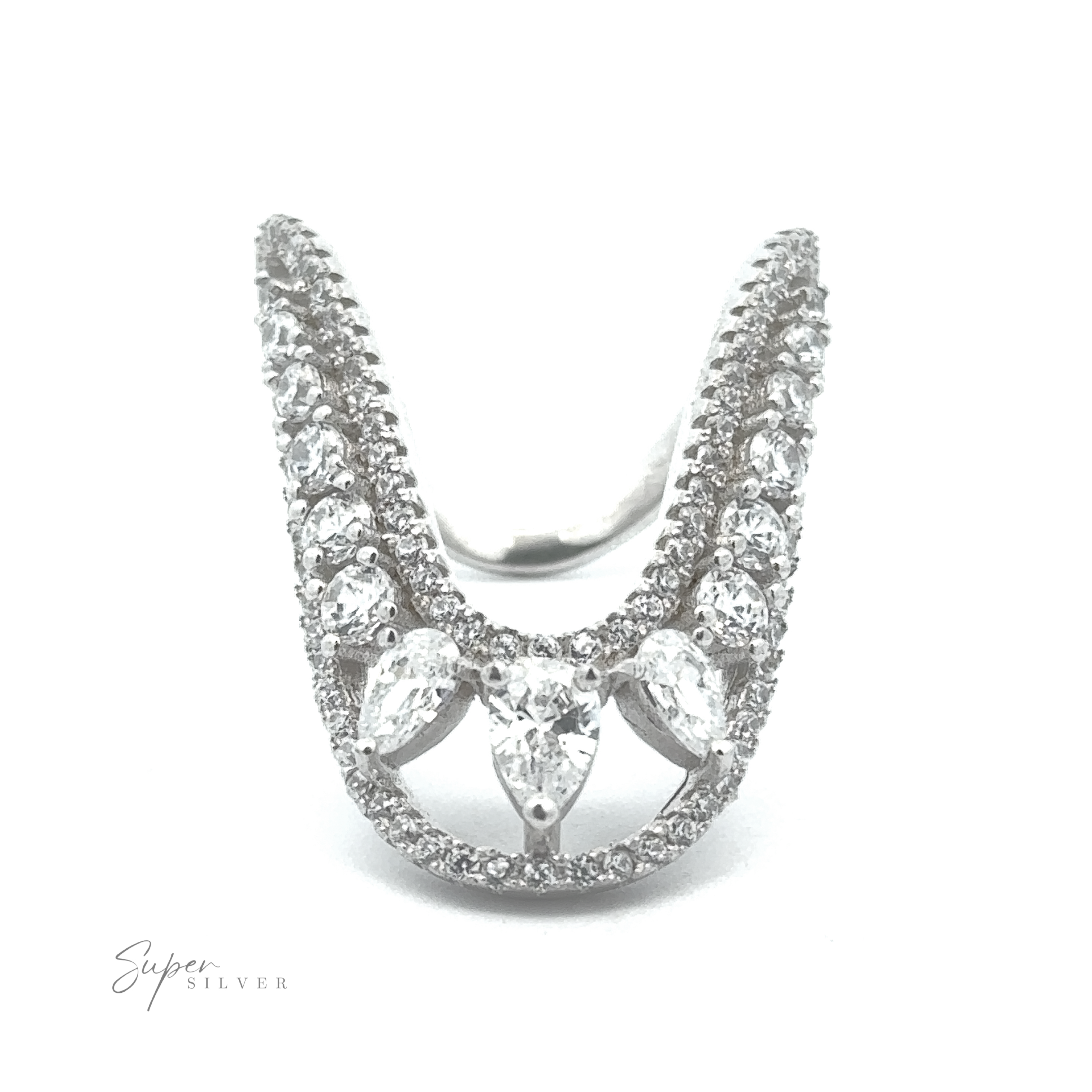 A unique ring crafted from sterling silver features an open, U-shaped design adorned with multiple round and pear-shaped clear cubic zirconia gemstones. The Long "U" CZ Ring showcases intricate detailing with the "Super Silver" logo visible at the bottom left.