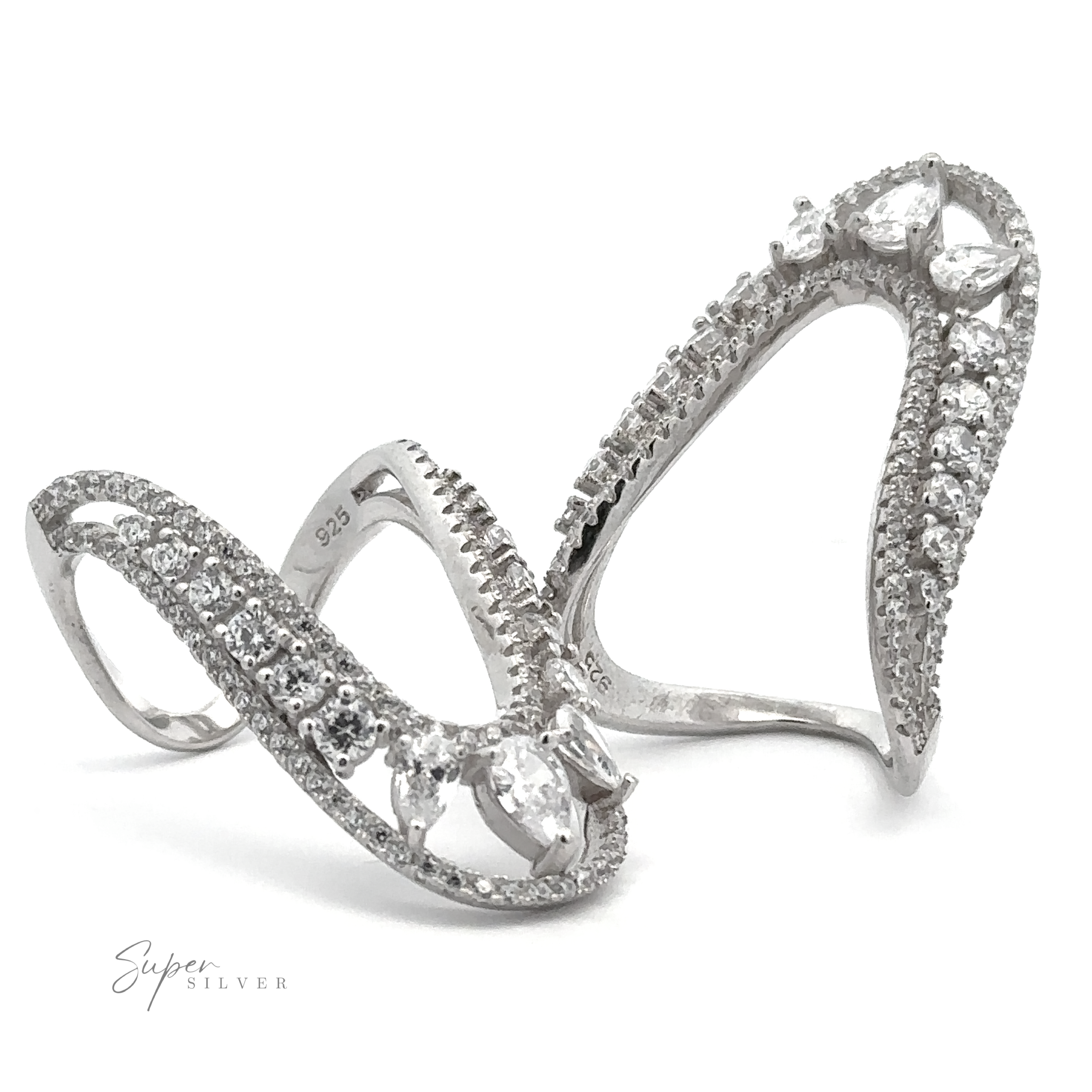 Two silver, diamond-encrusted Long "U" CZ Rings with intricate designs, displayed beside each other on a white background. Crafted from sterling silver, these unique rings sparkle brilliantly. The text "Super Silver" is visible in the bottom left corner.
