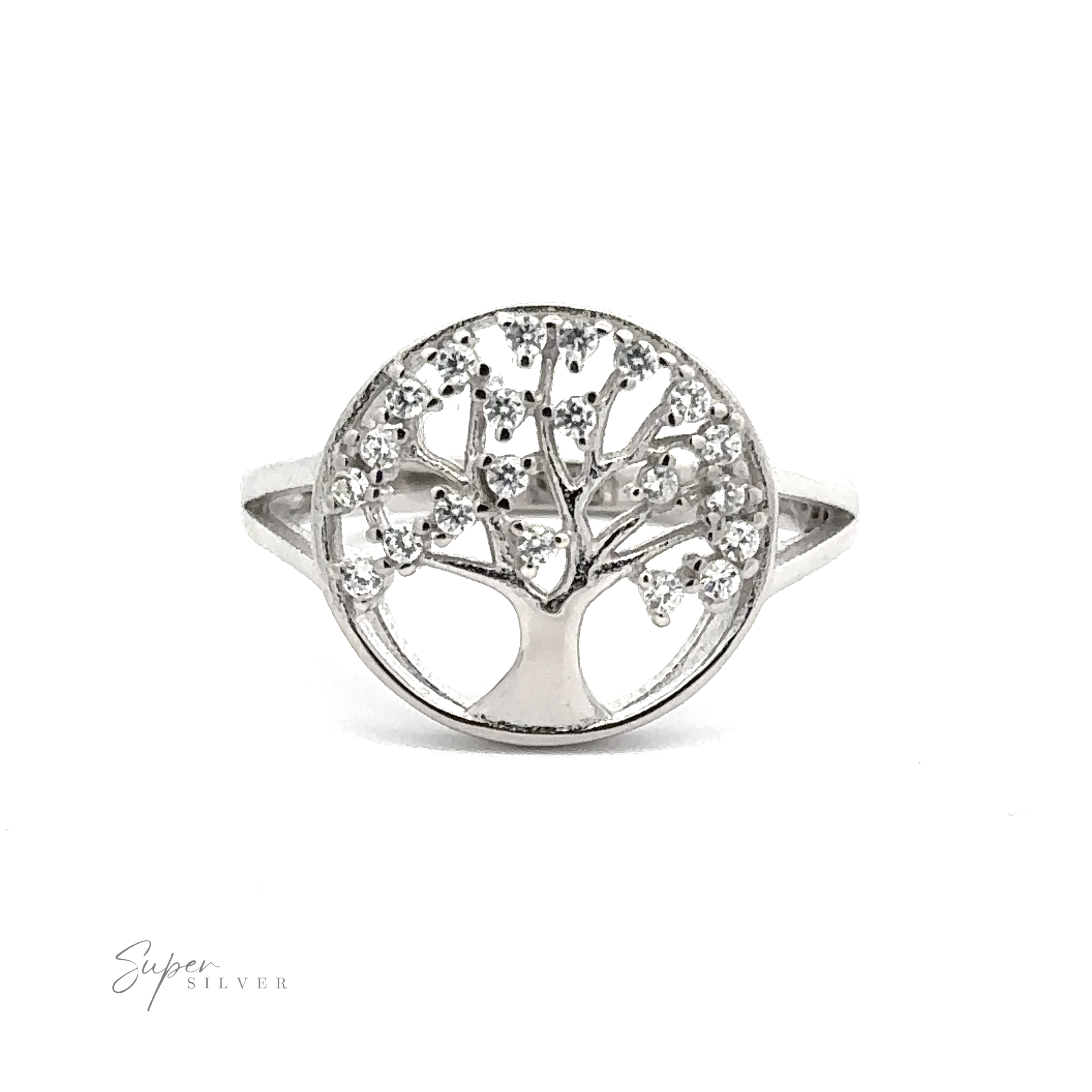 A Tree Of Life Ring Cubic Zirconia Stones featuring a tree of life design with small embedded cubic zirconia stones. The ring has a simple band and a round face structure, with the "Super Silver" logo visible in the bottom left corner.