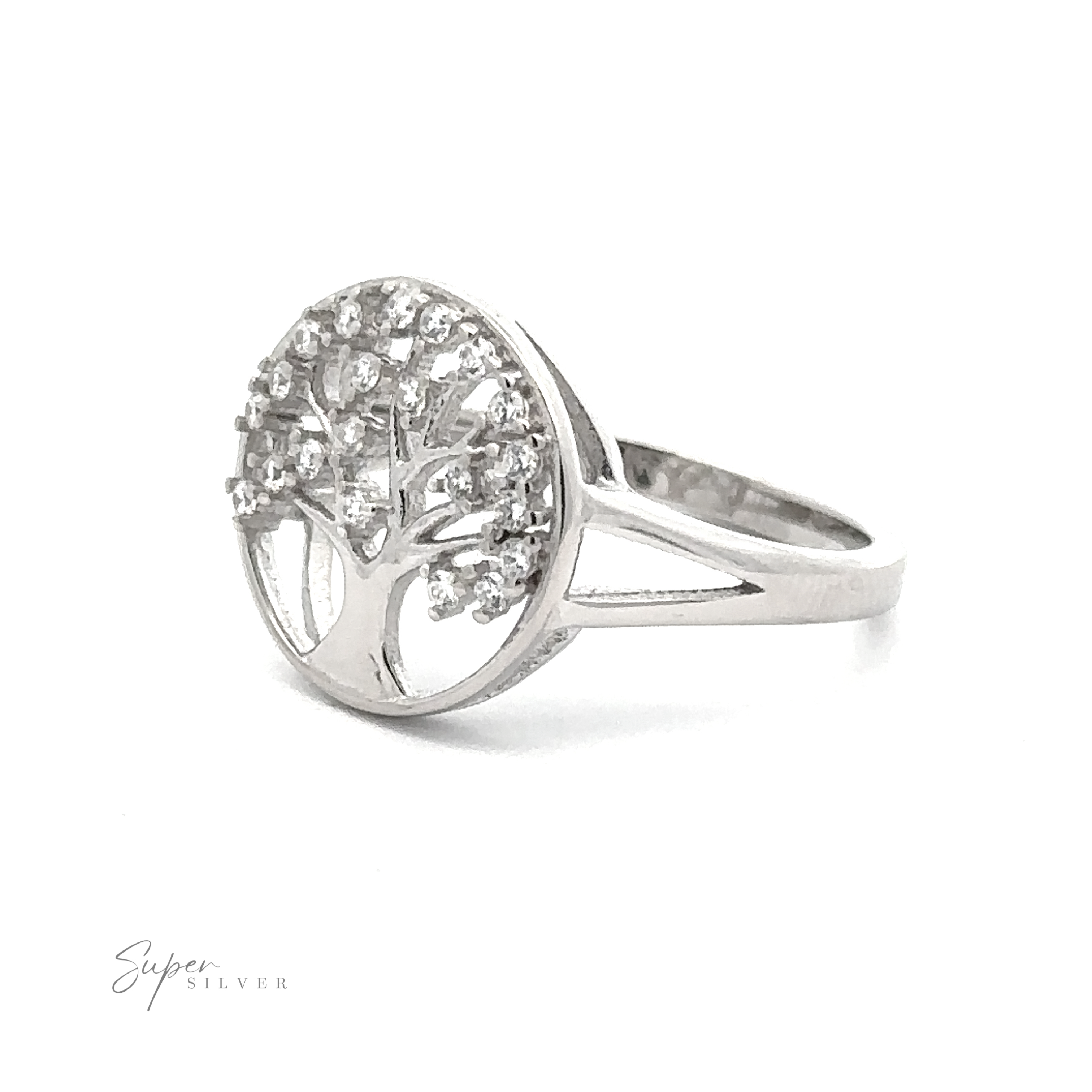 A Tree Of Life Ring Cubic Zirconia Stones featuring a tree of life design adorned with sparkling cubic zirconia stones.