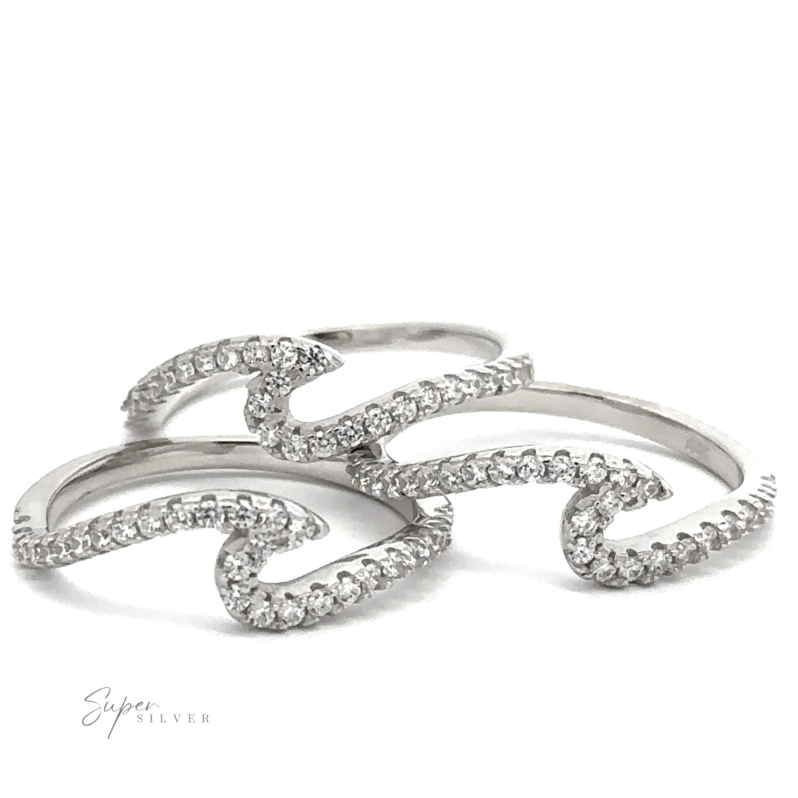Three intertwined sterling silver rings with a wave design, each adorned with small cubic zirconia. The logo "Pave Wave Ring" appears in the lower left corner.