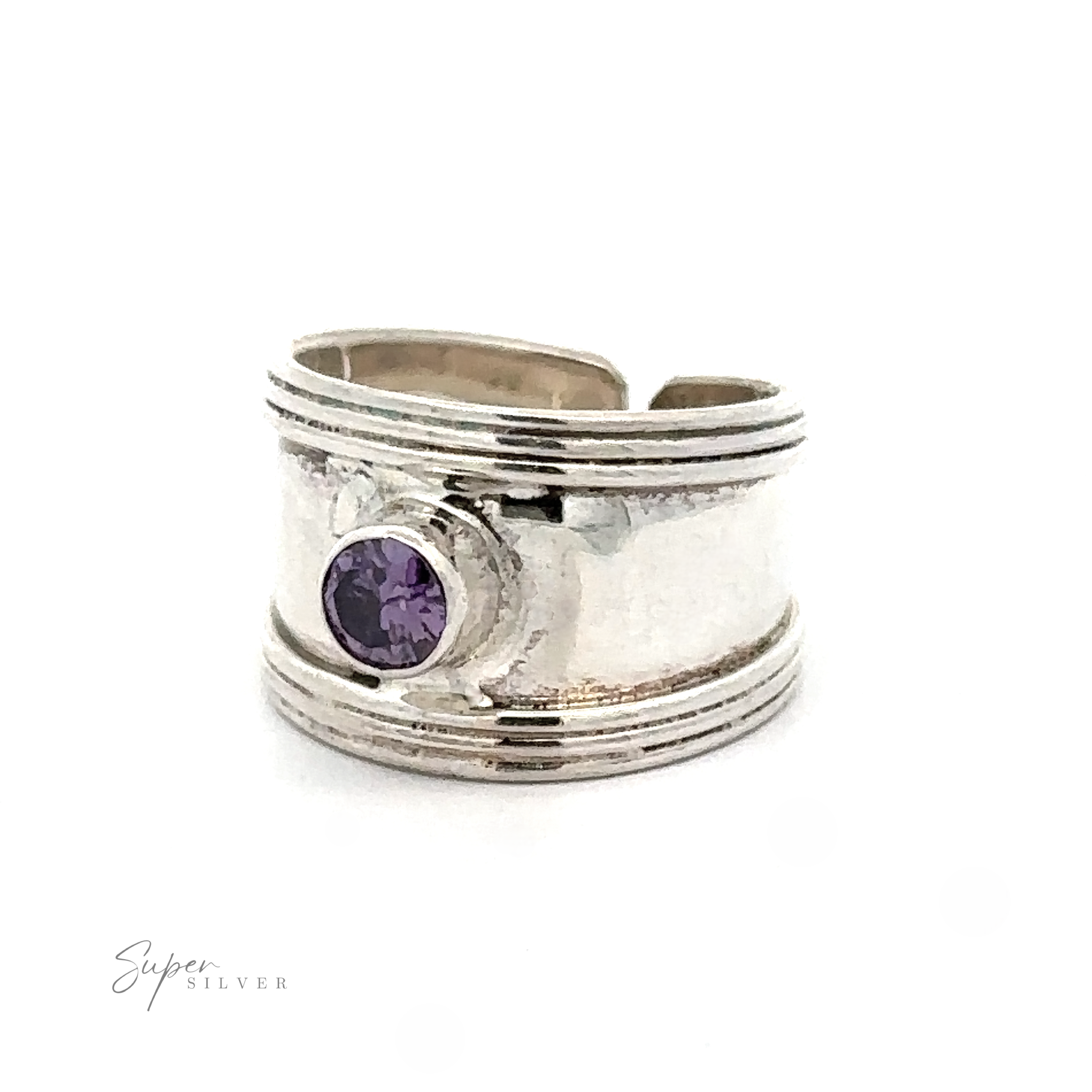 Adjustable Wide Cigar Band Toe Ring with Gemstone toe ring with a textured band and a small purple gemstone, displayed against a white background.