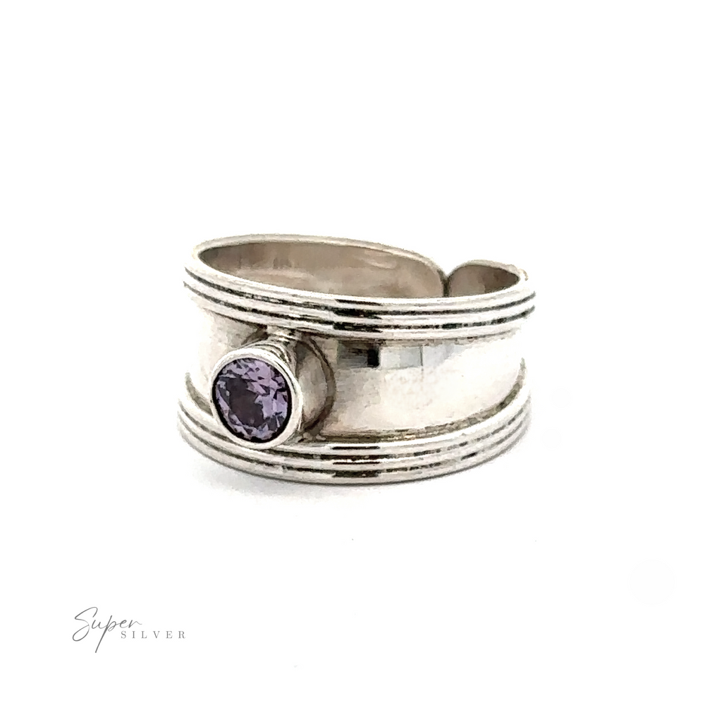 
                  
                    Adjustable Wide Cigar Band Toe Ring with Gemstone with multiple bands and a central purple gemstone, displayed on a white background.
                  
                