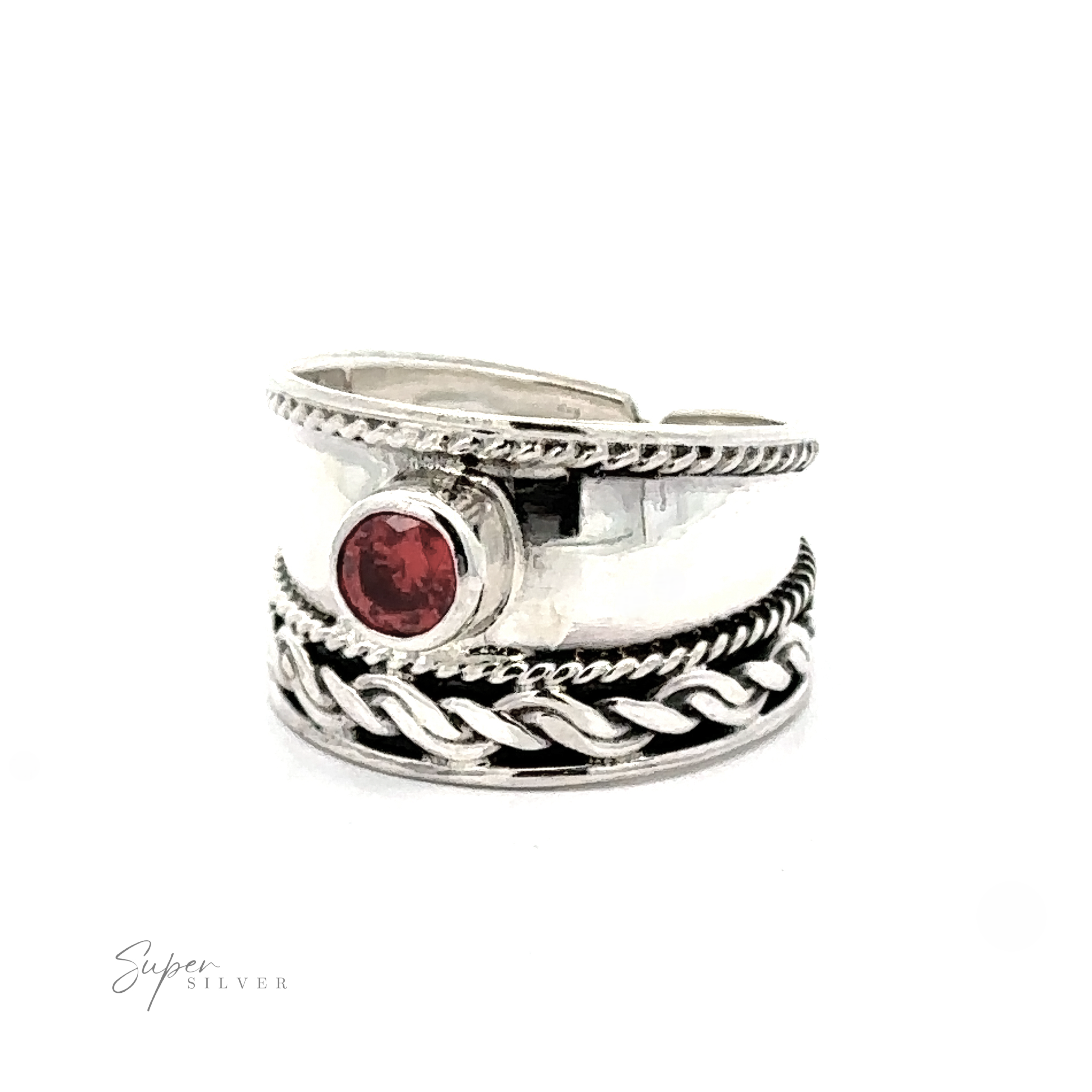 Adjustable Wide Cigar Band Toe Ring with Gemstone toe ring with a red gemstone, featuring braided and textured band designs, displayed against a white background.