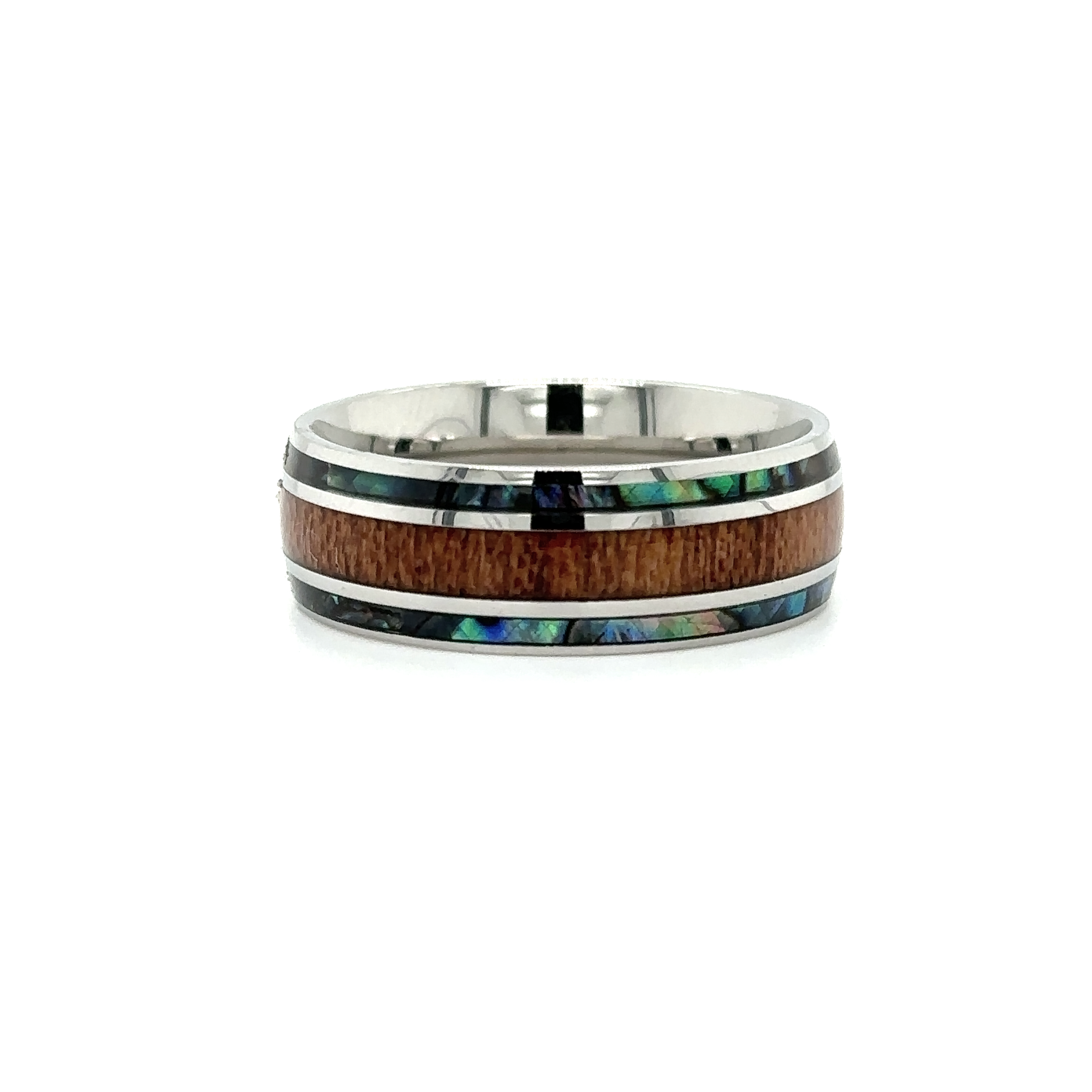 A men's Super Silver Abalone and Koa Wood Stainless Steel ring with a Hawaiian wood and abalone inlay.