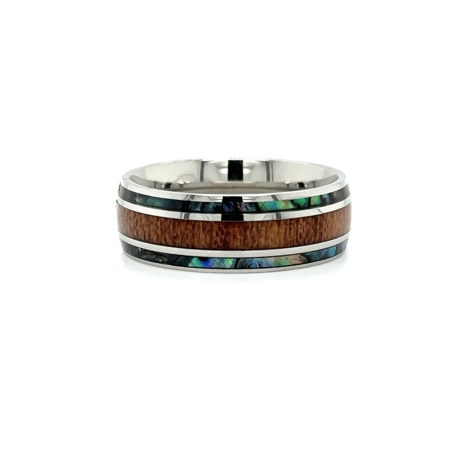 
                  
                    A men's Super Silver Abalone and Koa Wood Stainless Steel ring with a Hawaiian wood and abalone inlay.
                  
                