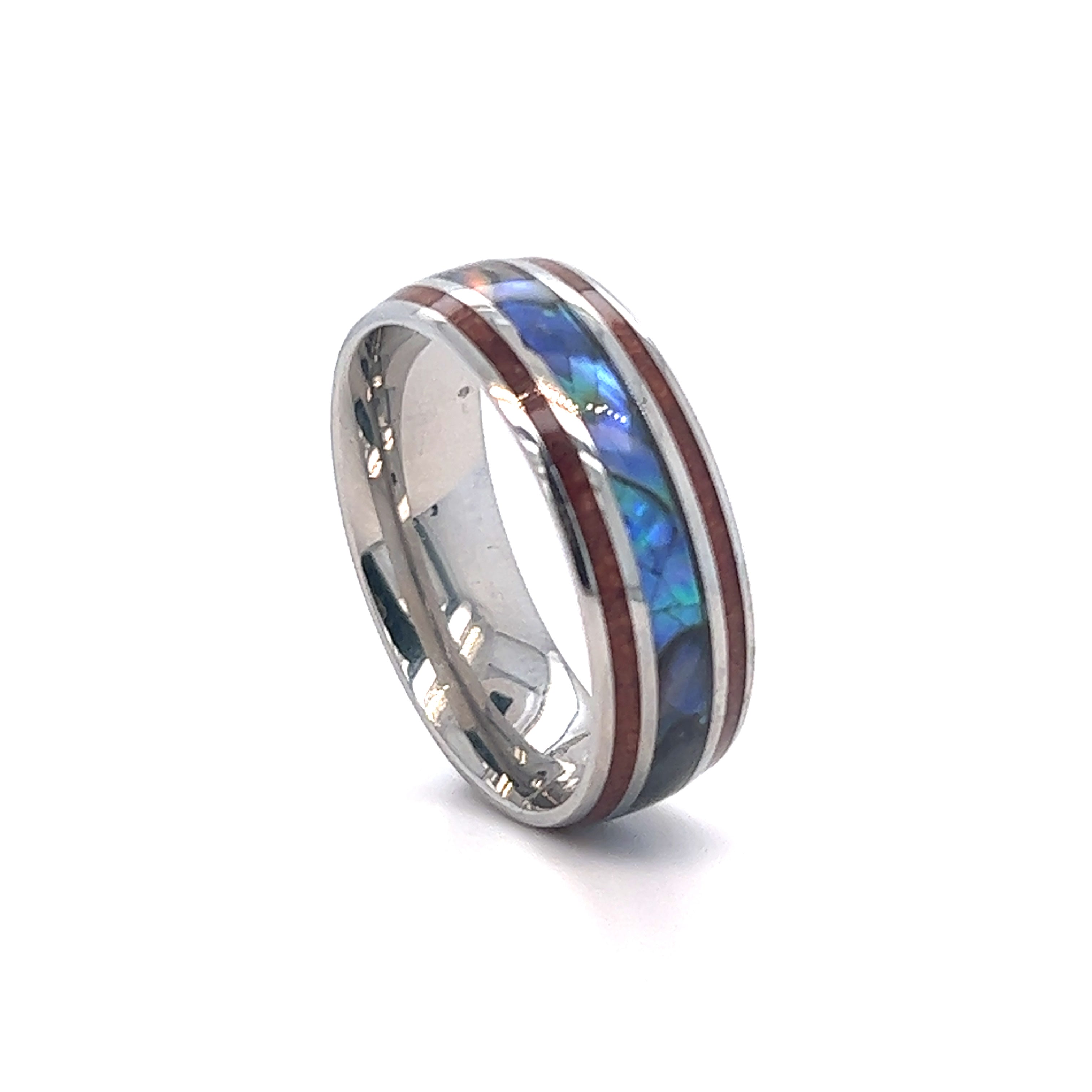 A Super Silver Abalone and Koa Wood Stainless Steel men's wedding ring with a blue and red inlay.