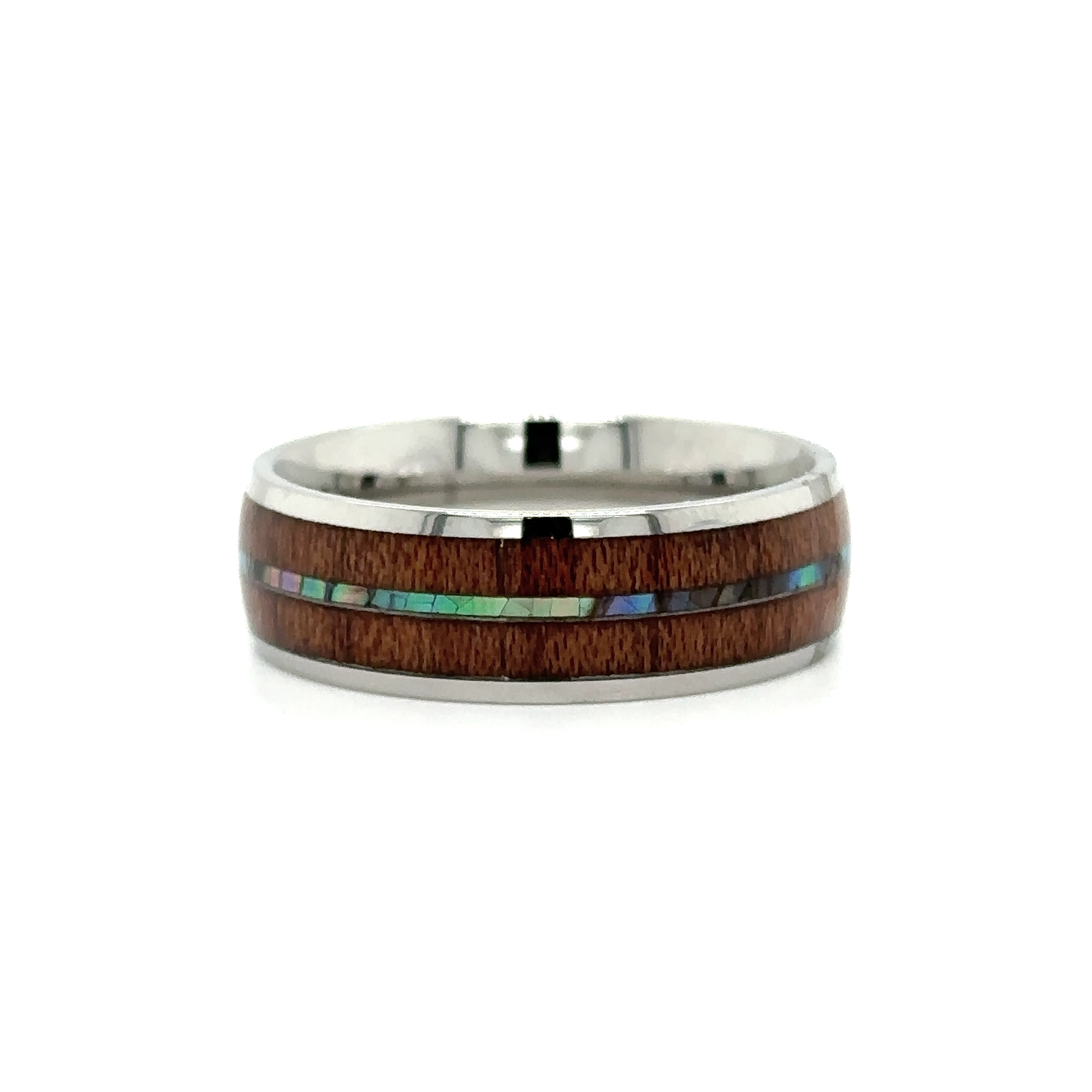 A Super Silver men's Abalone and Koa Wood Stainless Steel Ring with wood and opal inlay.