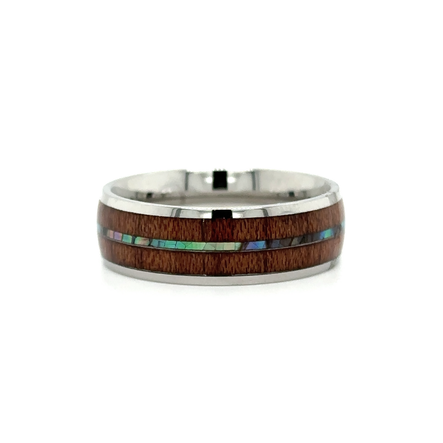 
                  
                    A Super Silver men's Abalone and Koa Wood Stainless Steel Ring with wood and opal inlay.
                  
                