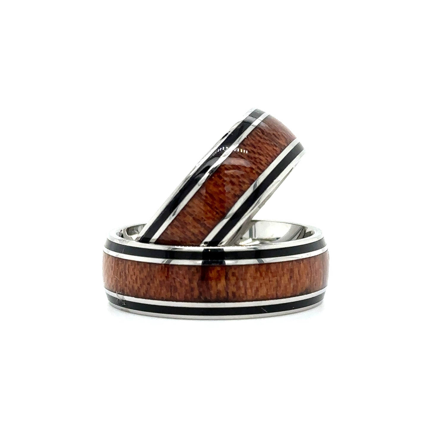 A pair of Super Silver Koa Wood Bands with Onyx Trim.