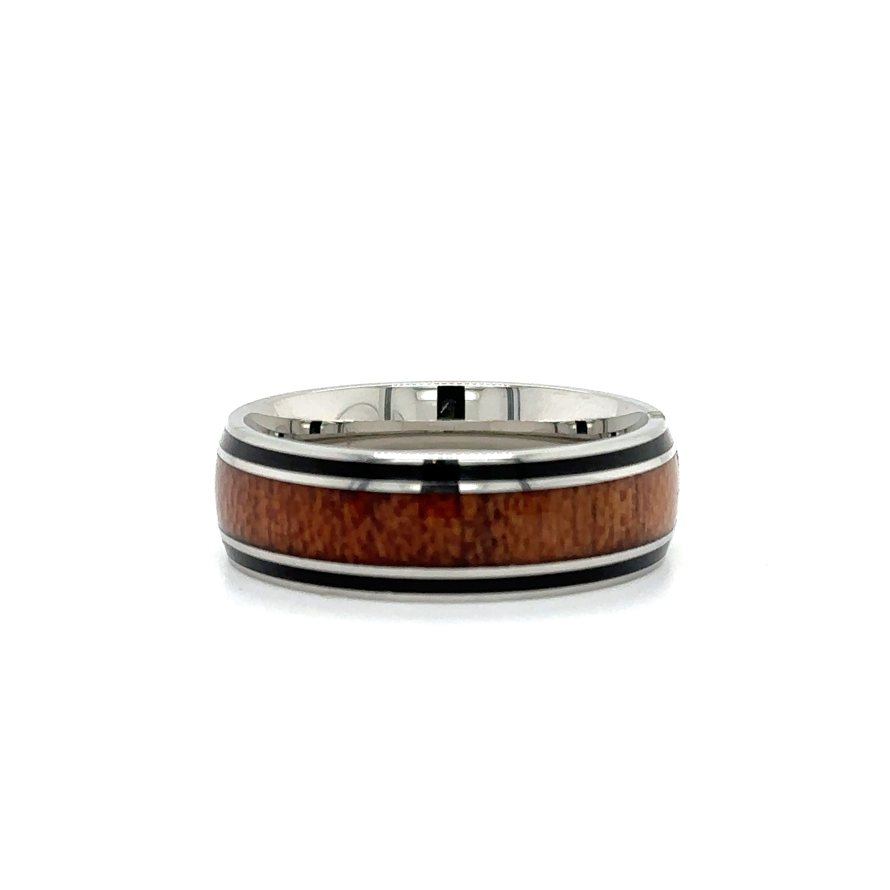 A Super Silver men's stainless steel Koa Wood Band with Onyx Trim.