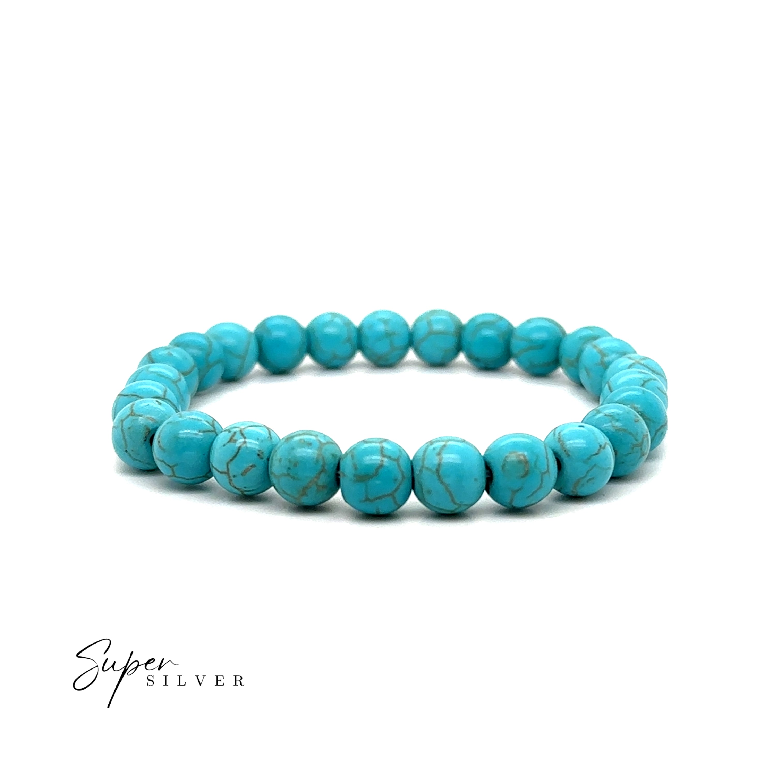 The Beaded Stone Bracelets feature round, polished turquoise beads in a single strand. This stretch bracelet displays the "Super Silver" logo in the bottom left corner on a white background.