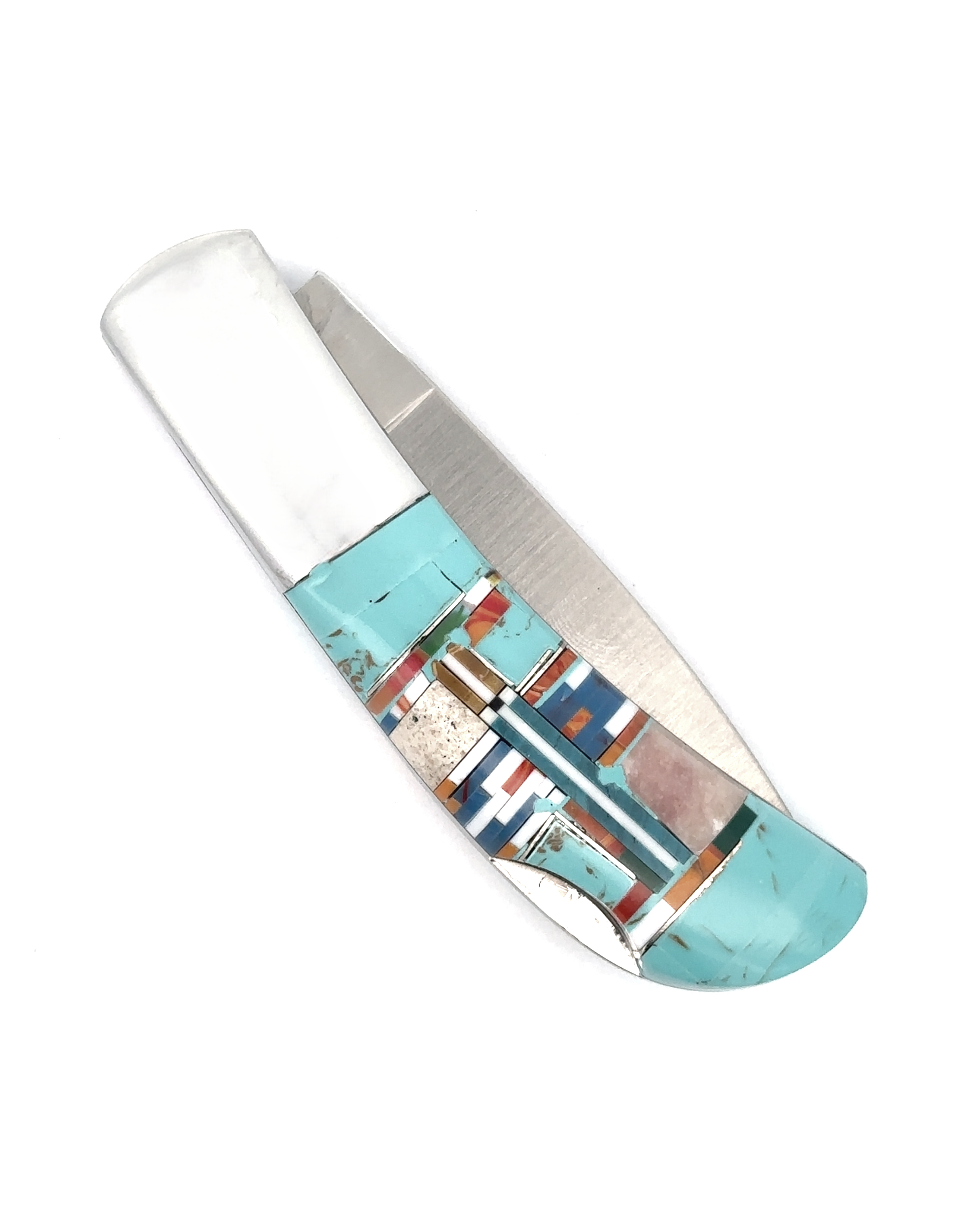 The Intricate Inlay Southwest Pocket Knife features a closed design with a decorative handle, showcasing turquoise stones and a geometric pattern indicative of Southwest style.