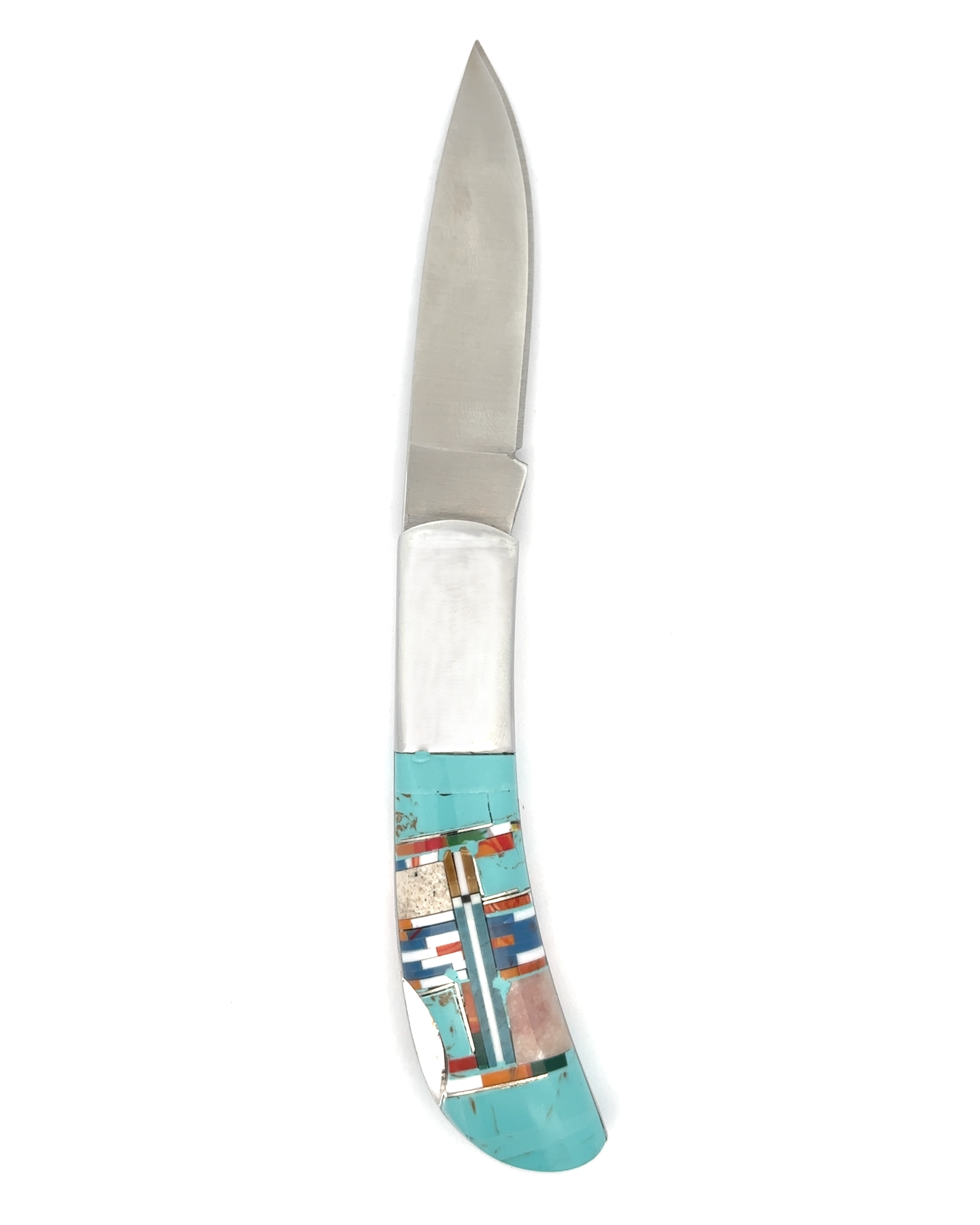 The Intricate Inlay Southwest Pocket Knife is a folding knife featuring a stainless steel blade and a handle decorated with turquoise inlay, exhibiting a vibrant geometric design in the traditional Southwest style.