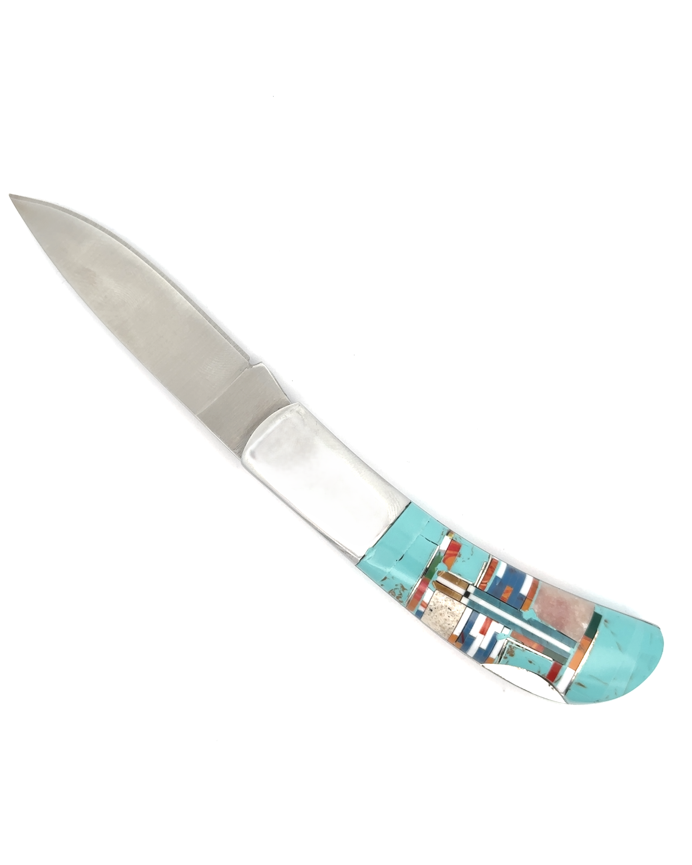 Explore the Intricate Inlay Southwest Pocket Knife, a handcrafted piece boasting a polished metal blade and a vibrant handle adorned with turquoise inlay, perfectly capturing the essence of Southwest style.