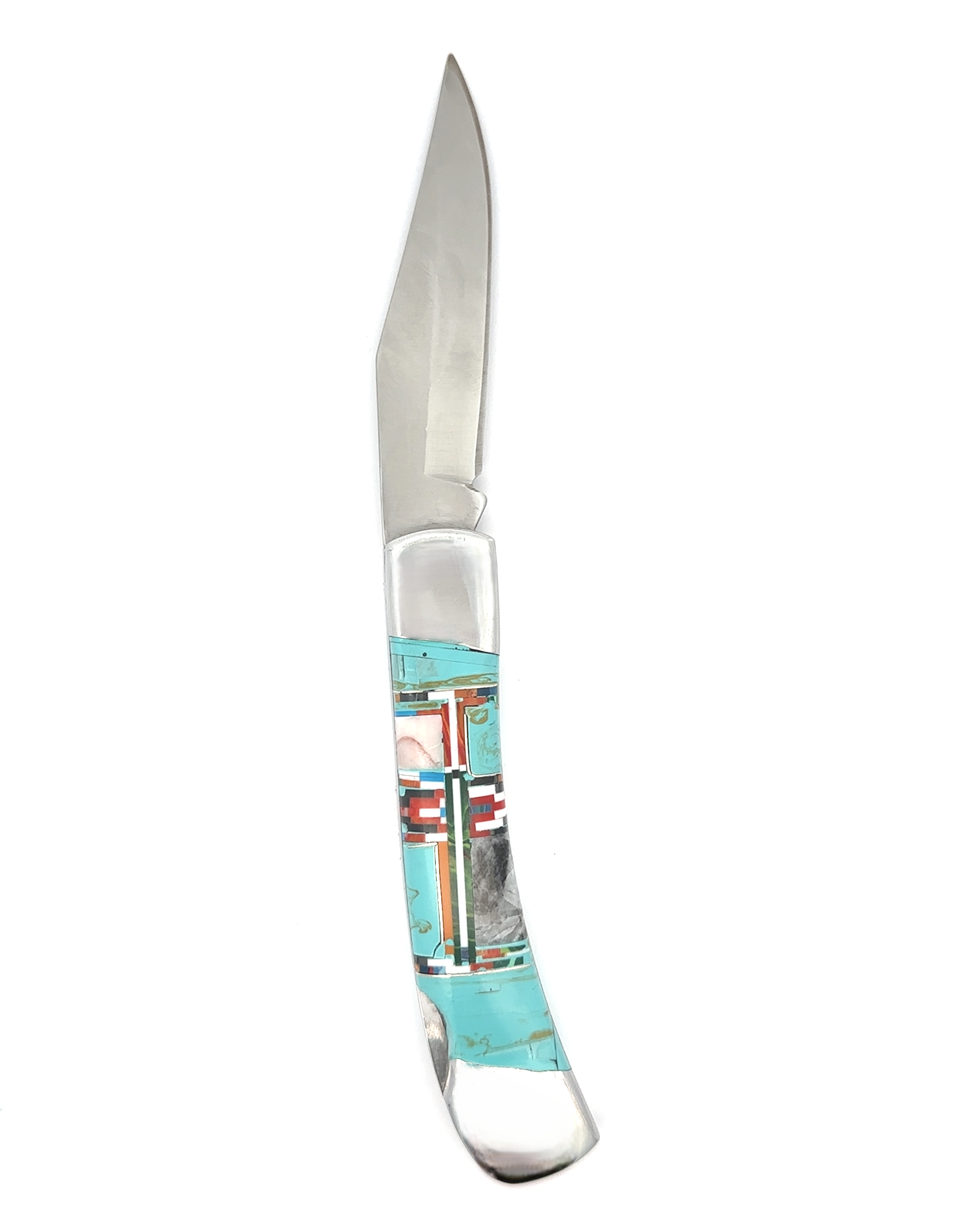 The Intricate Inlay Southwest Pocket knife features a shiny metal blade and a decorative handle adorned with turquoise, red, and white patterns in a Southwest style.