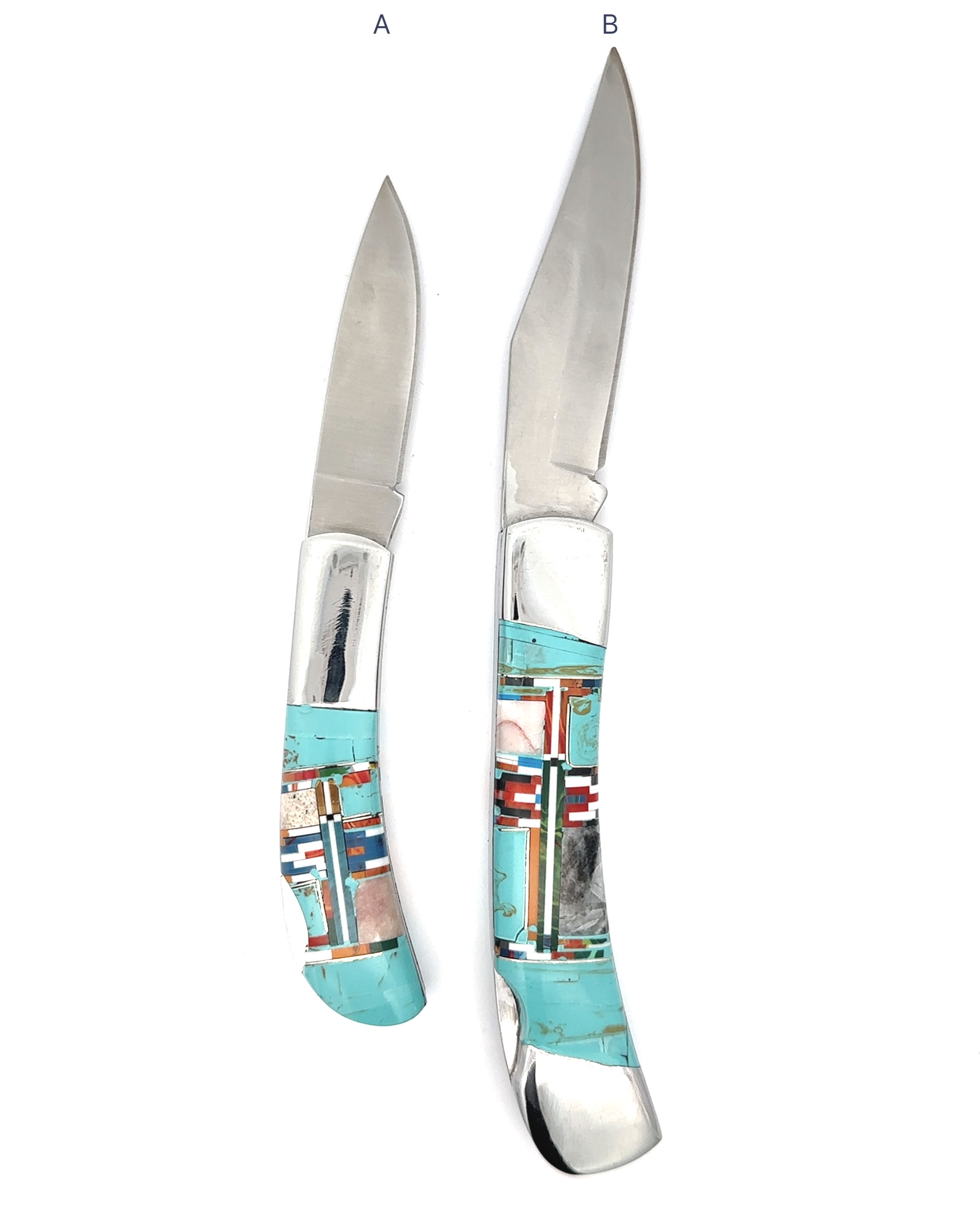 Two Intricate Inlay Southwest Pocket knives featuring turquoise inlay and multicolored handles. Knife A is shorter with a plain blade, while Knife B is longer with a slightly curved blade, exemplifying a distinct Southwest style.