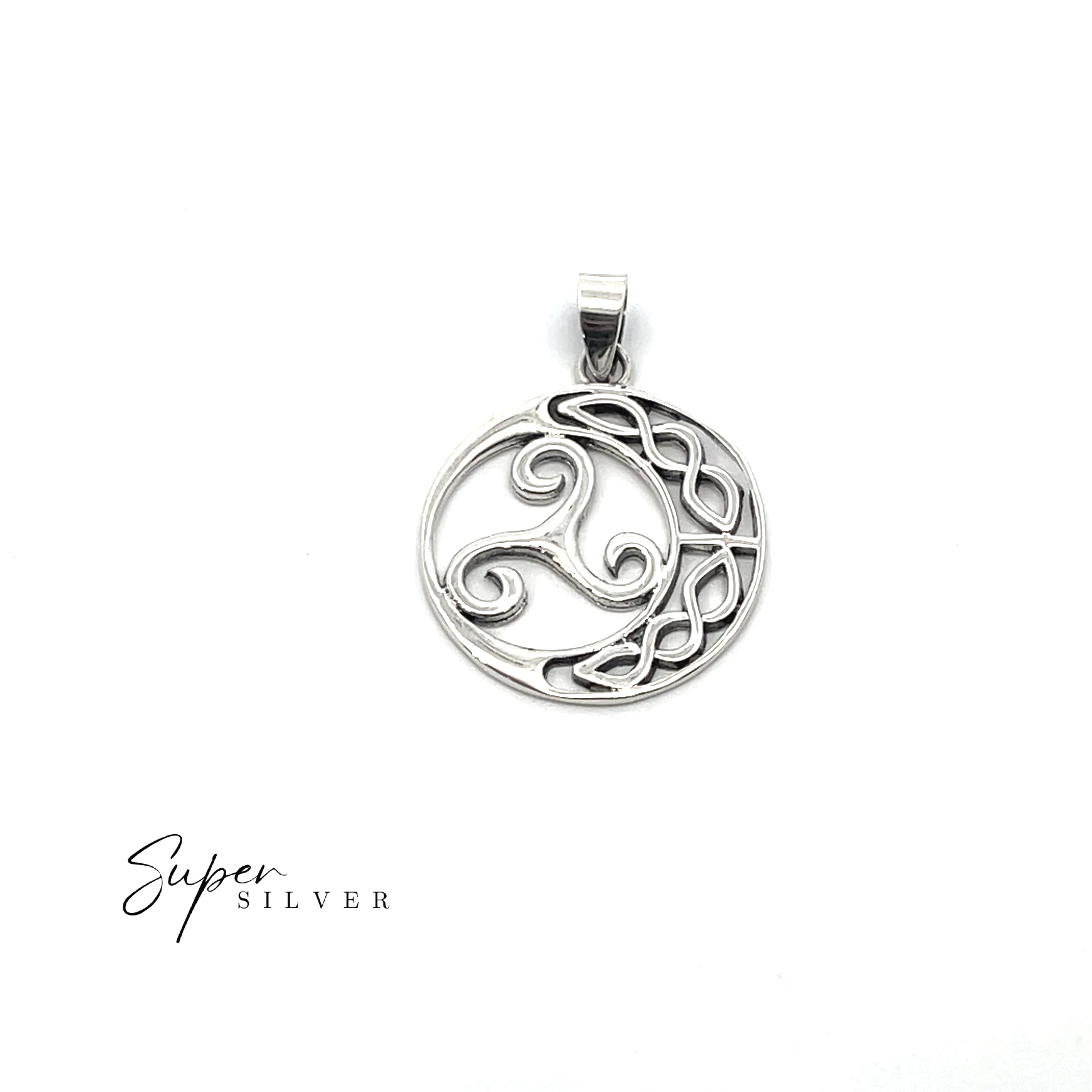 The Celtic Triskele Pendant features an intricate Celtic knot and swirl design with a triskele motif, displayed against a white background. "Super Silver" appears in the lower left corner.