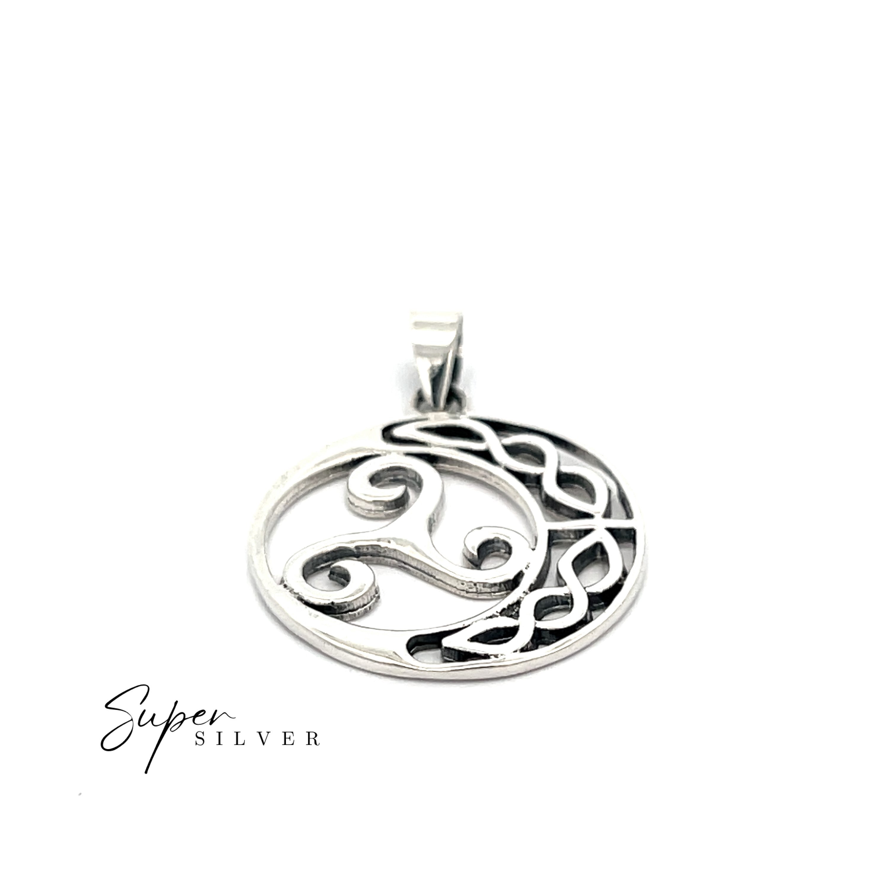 Celtic Triskele Pendant—a round sterling silver pendant with an intricate triskele knot and swirl design, shown on a white background with "Super Silver" in the lower left corner.
