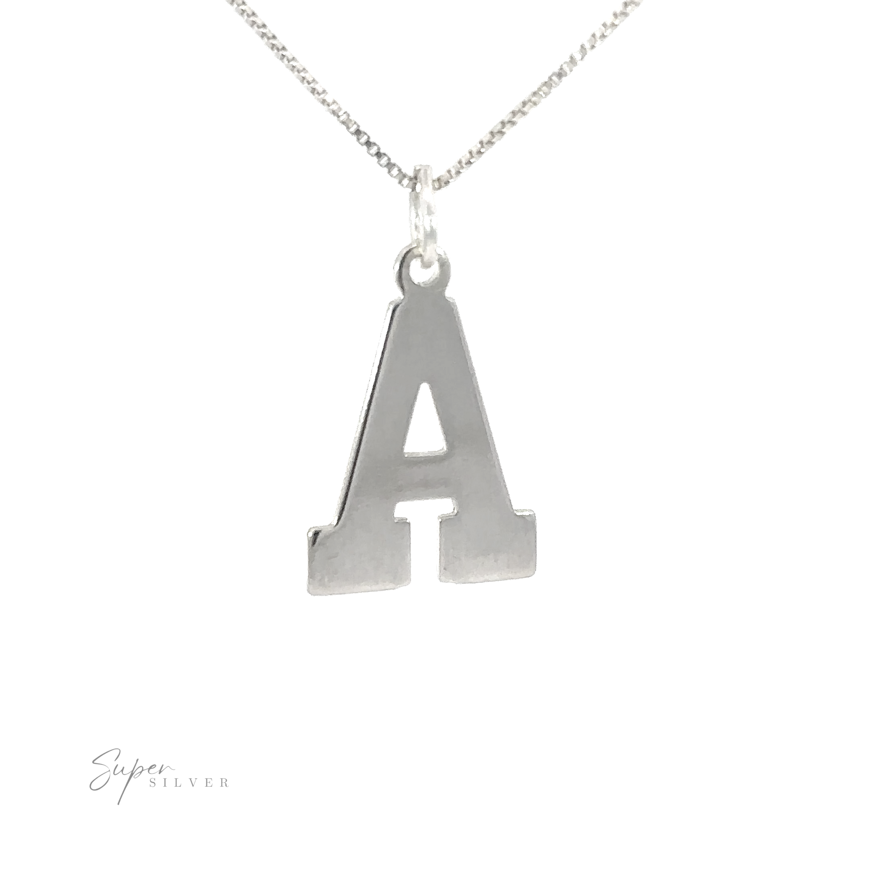 A stunning silver letter necklace on a chain, featuring .925 Sterling Silver and offering personalization with Alphabet Charms.