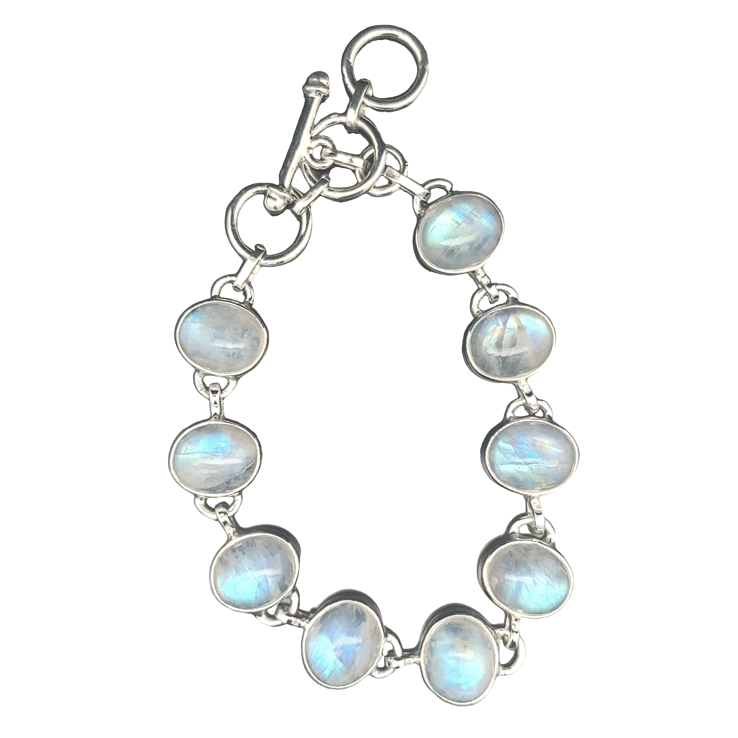 Statement Oval Gemstone Bracelets featuring oval moonstone gems linked by metallic clasps, isolated on a white background.