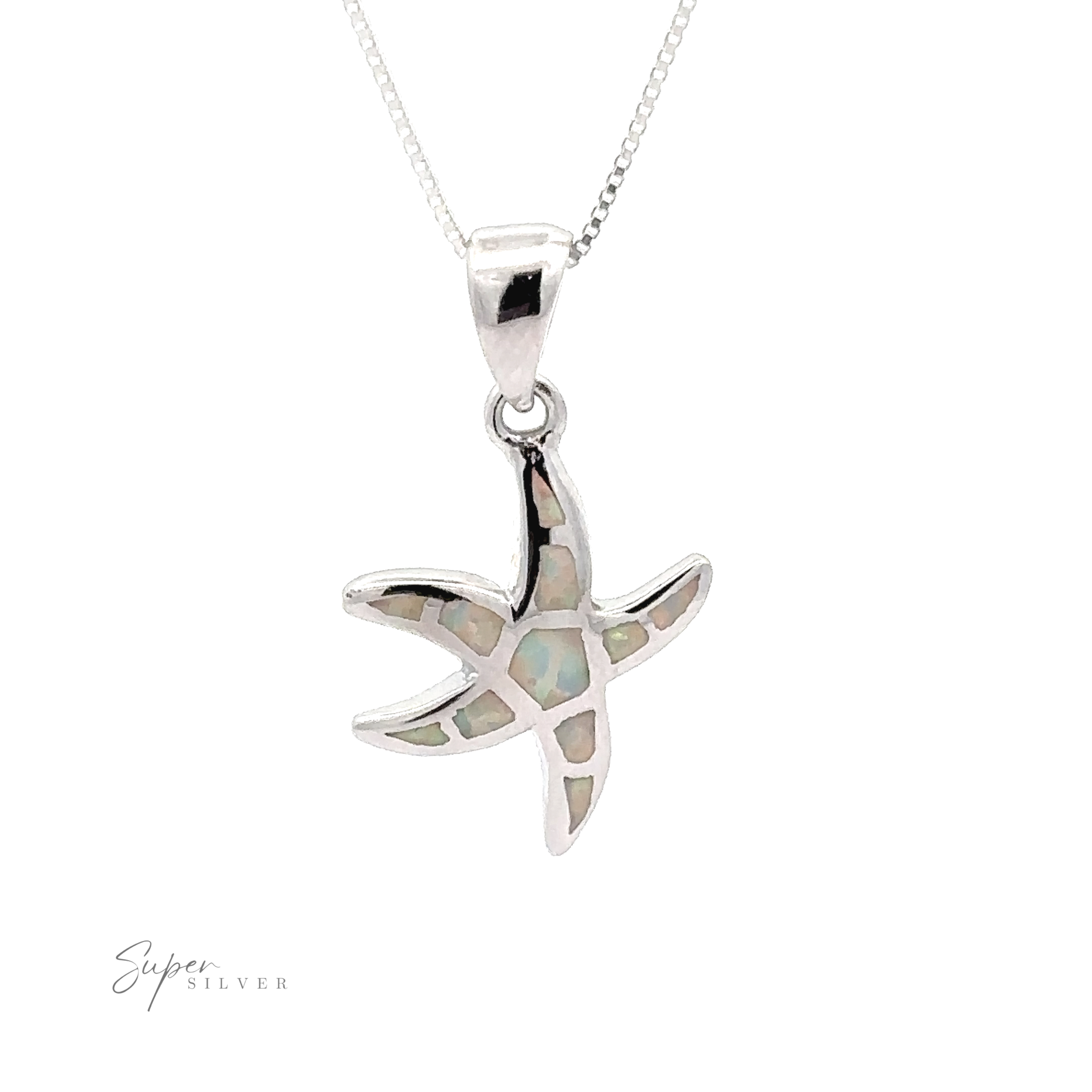 The Lab-Created Opal Sea Star Pendant, featuring an enchanting inlaid abalone design on a delicate silver chain, captures the essence of oceanic magic and is displayed against a white background.