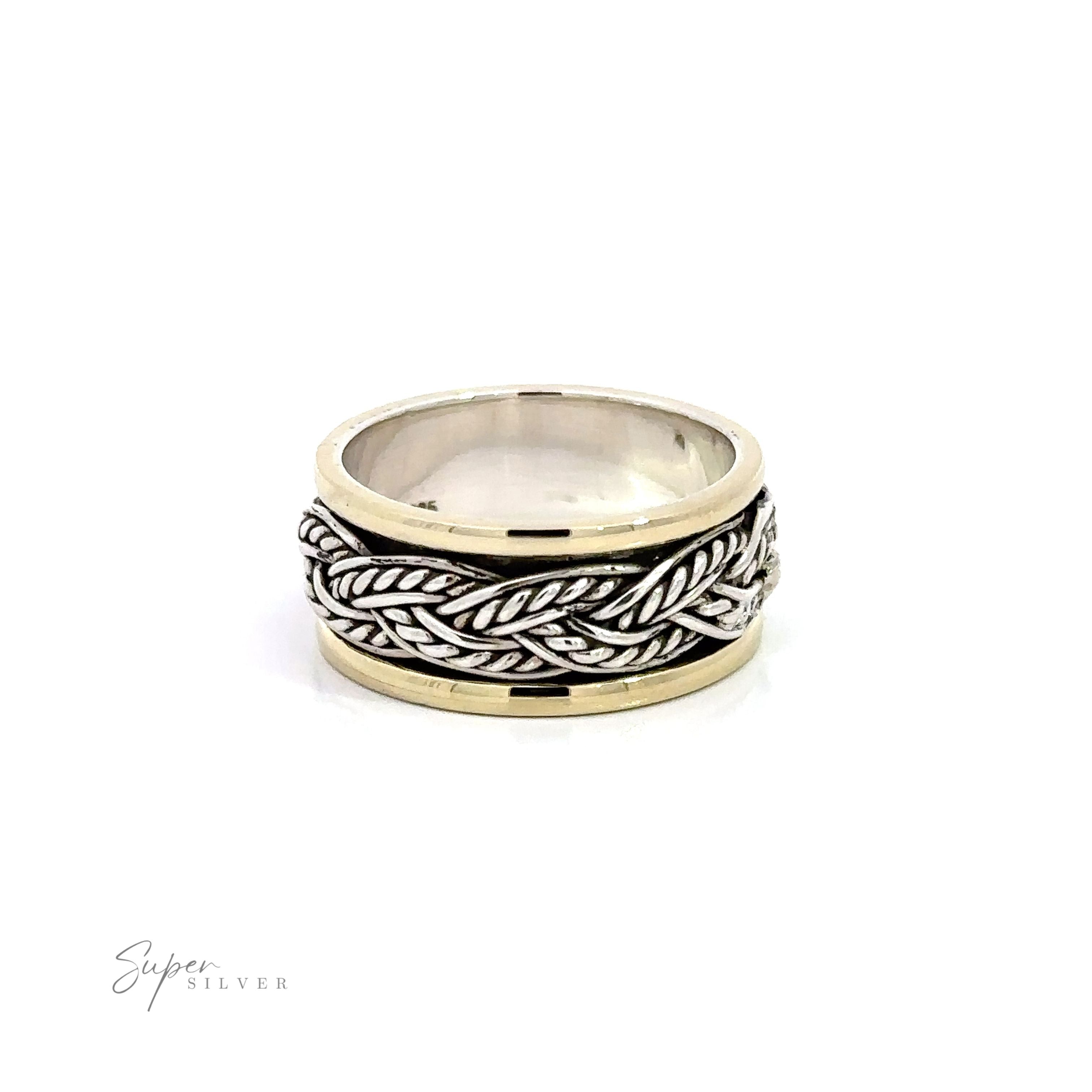 A silver and gold-plated Handmade Rope Spinner Ring with a braided pattern.