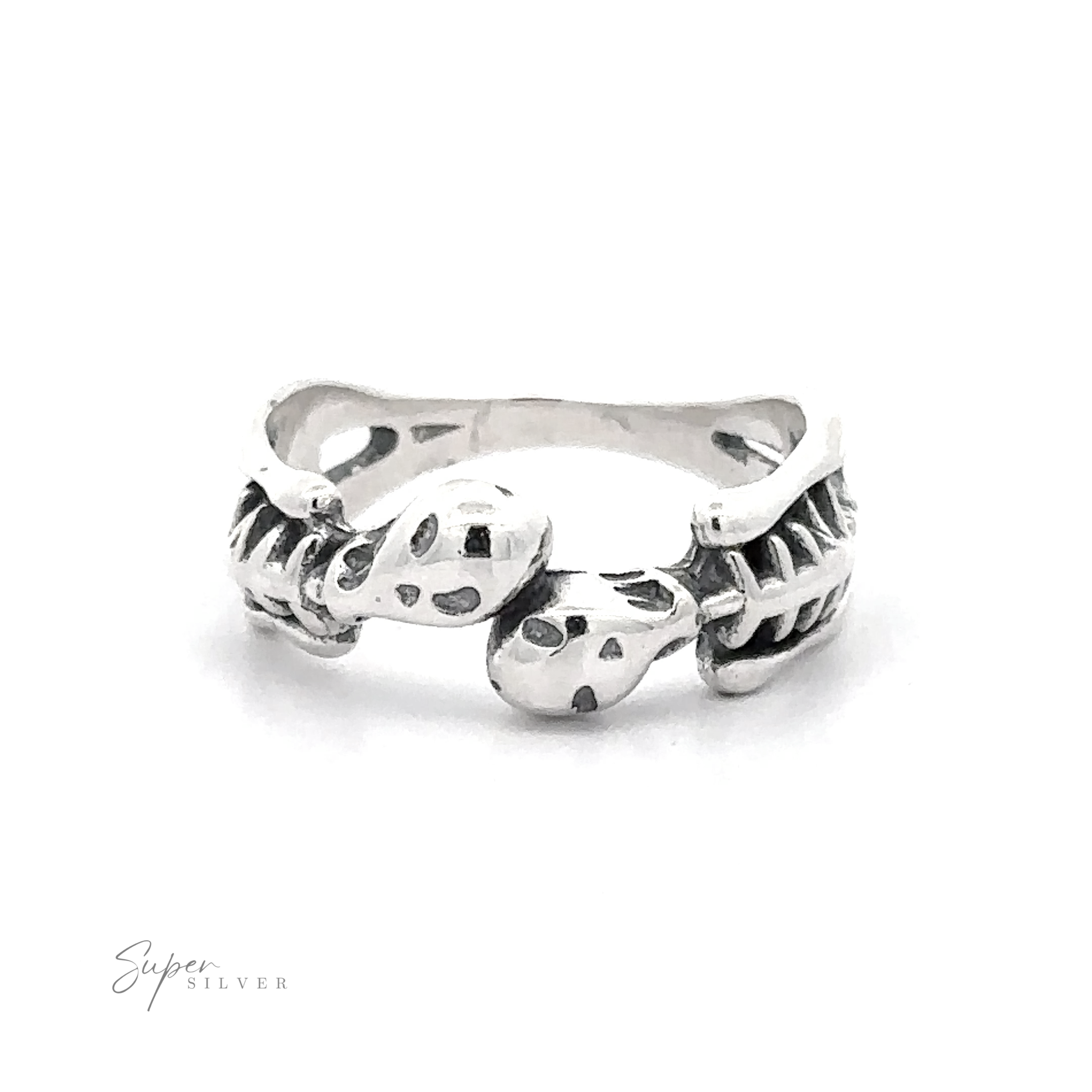 Skeleton Ring crafted from .925 Sterling Silver featuring a skeleton hand design with detailed bones and joints, displayed against a white background.
