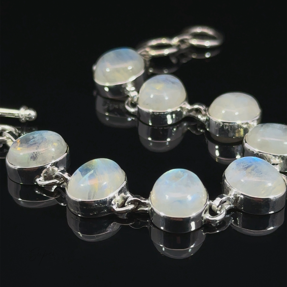 
                  
                    Statement Oval Gemstone Bracelets with round, polished labradorite stones set in linked metal casings, displayed against a dark background.
                  
                