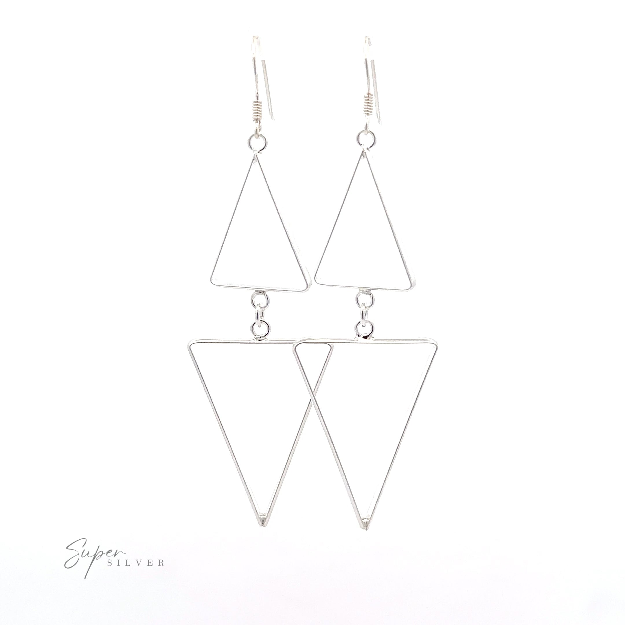 Long Modern Double Triangle Earrings on a white background with a minimalist design.