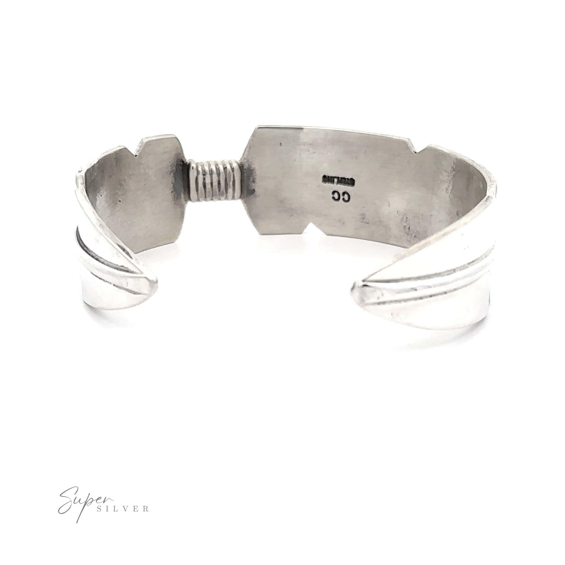 Native American Silver Feather Cuff Bracelet designed to look like a screw and nut, displayed against a white background.