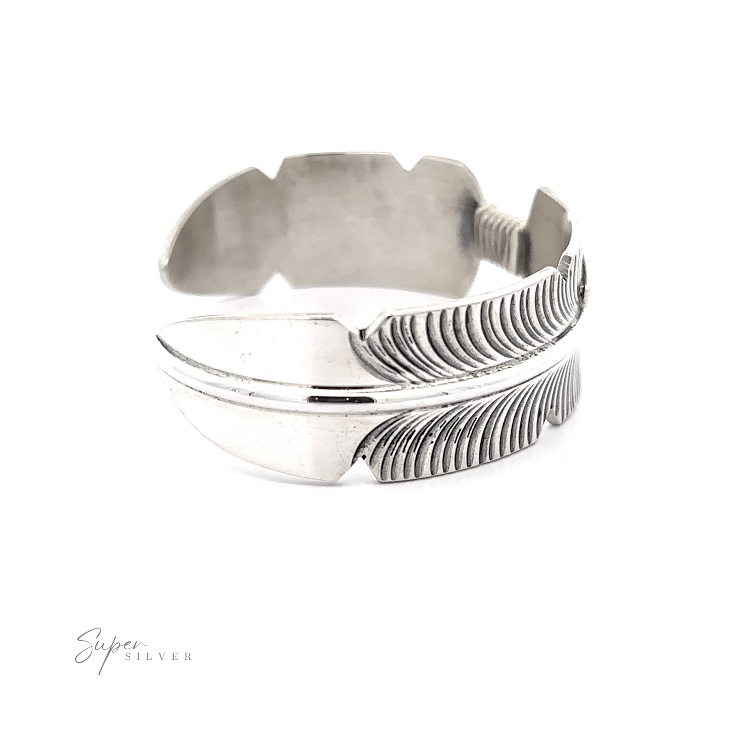 
                  
                    Native American Silver Feather Cuff Bracelet, showcasing Southwest craftsmanship, on a white background.
                  
                