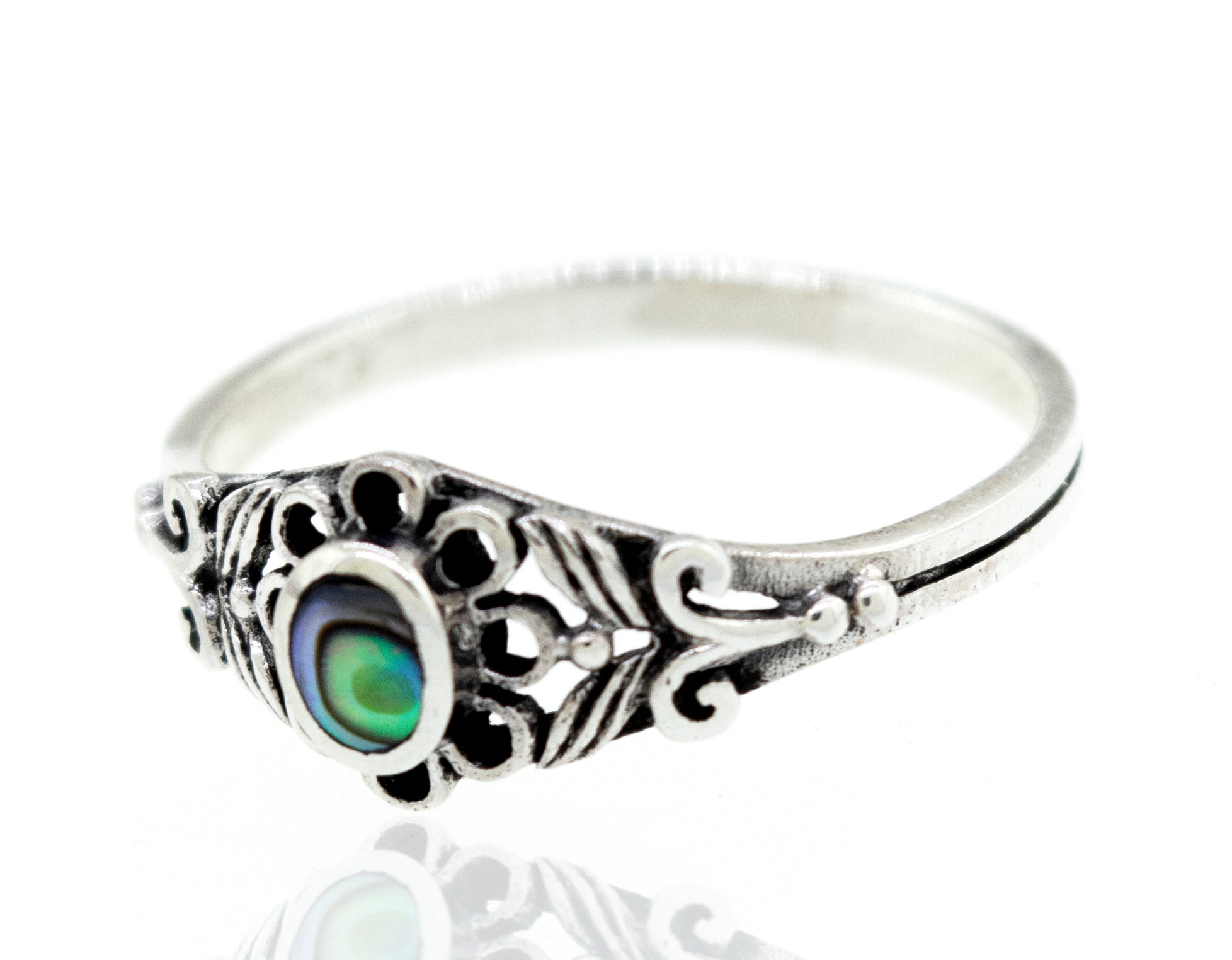 A Super Silver oval flower ring with inlay stones, featuring a green and black stone resembling a flower.