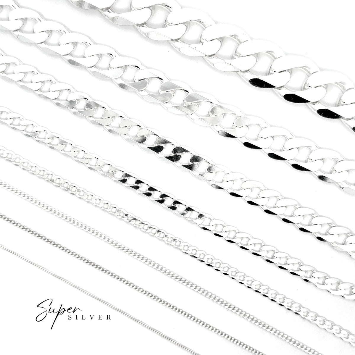 Eight distinct sterling silver chains are laid out horizontally on a white background, showcasing various thicknesses and styles—including the Sterling Silver Italian Curb Chain. The phrase “Super Silver” appears in elegant black script in the lower left corner.