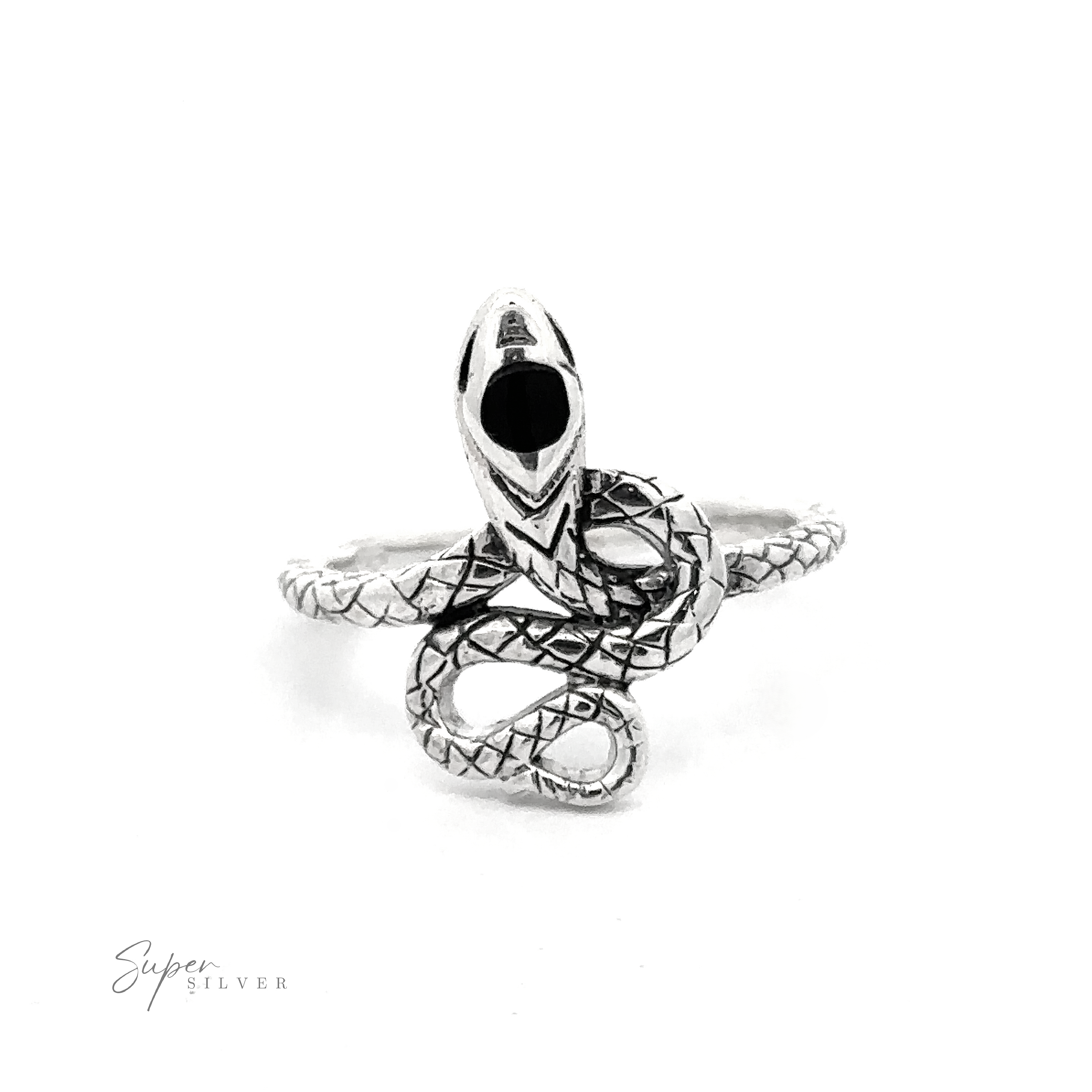 Presenting the Coiled Snake Ring with Inlaid Stone: a sterling silver masterpiece featuring a coiled snake design with an open mouth and intricately detailed scales, elegantly wrapped around the band. The logo "Super Silver" is proudly displayed in the bottom left corner.