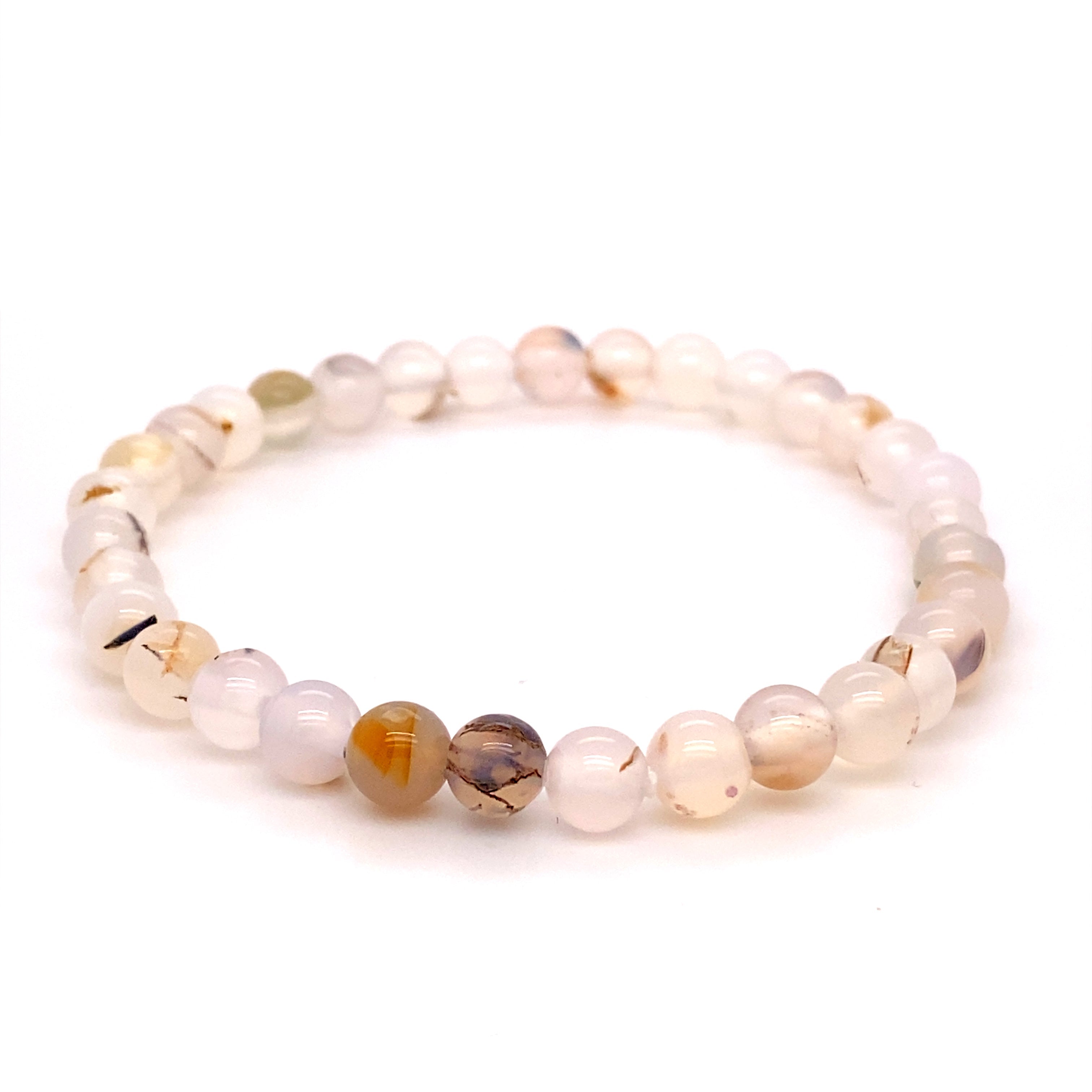 A 4mm Beaded Stone Bracelet featuring various shades of translucent and opaque white beads, with some beads crafted from Red Agate, Rose Quartz, and Tiger's Eye.