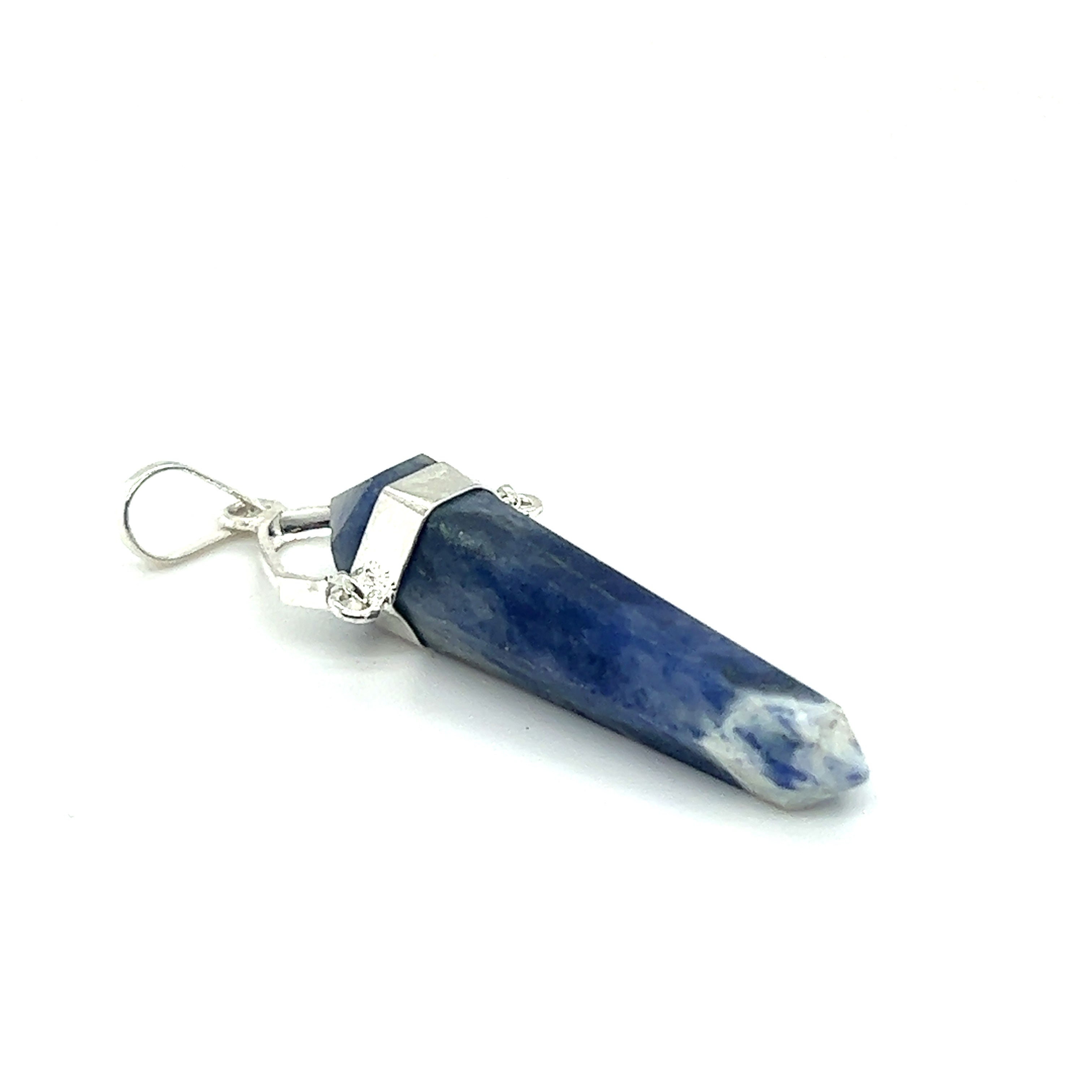 A Raw Stone Swivel Pendant with a pointed tip, set in a silver-plated setting, metal clasp, and a small loop at the top for attaching to a chain, placed against a white background.