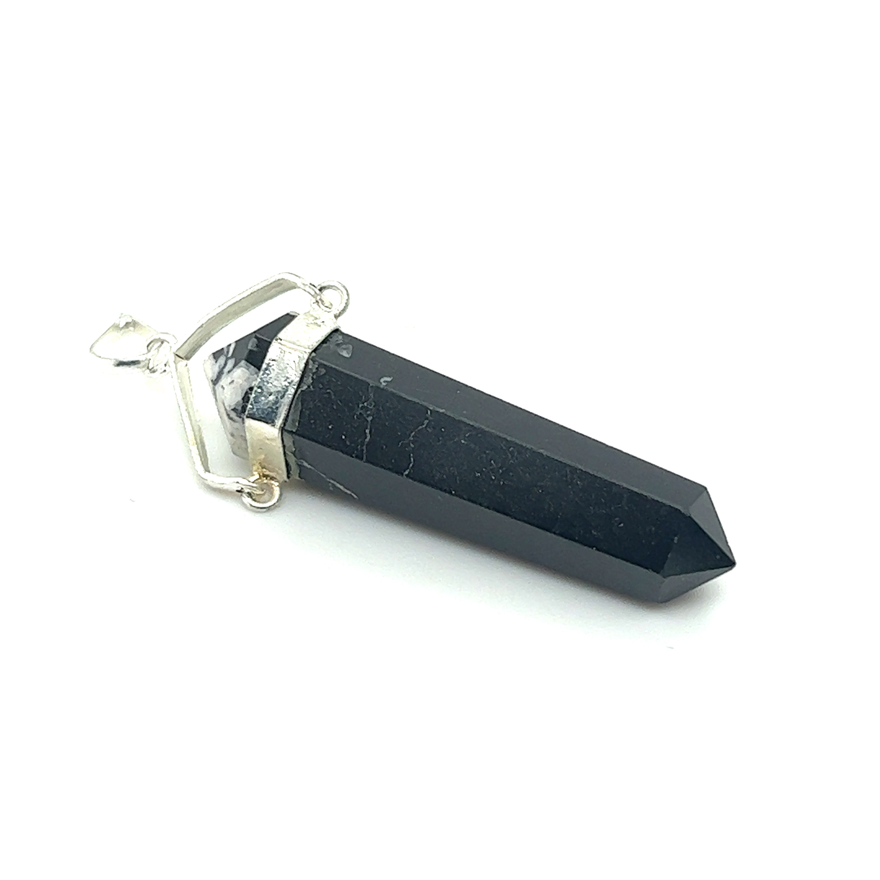 A silver-plated setting holds a Raw Stone Swivel pendant from Super Silver on a sleek silver chain.