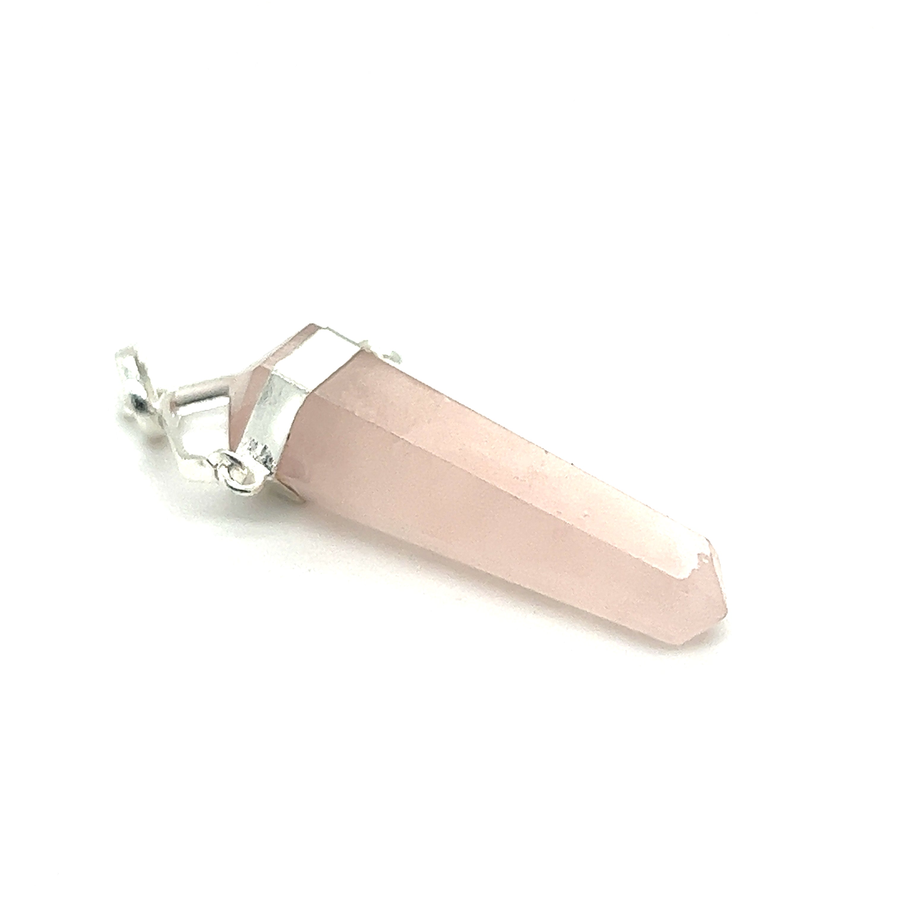 A Raw Stone Swivel Pendant featuring a rose quartz on a white background by Super Silver.
