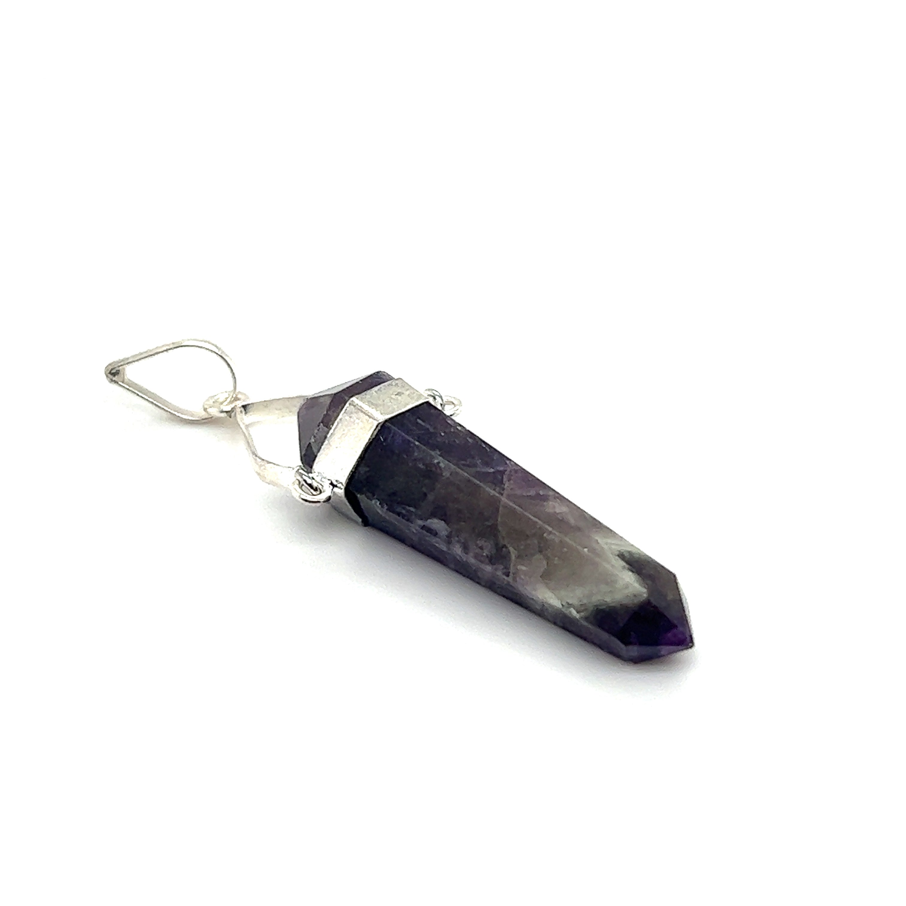 A Raw Stone Swivel Pendant with a Super Silver setting and silver chain.