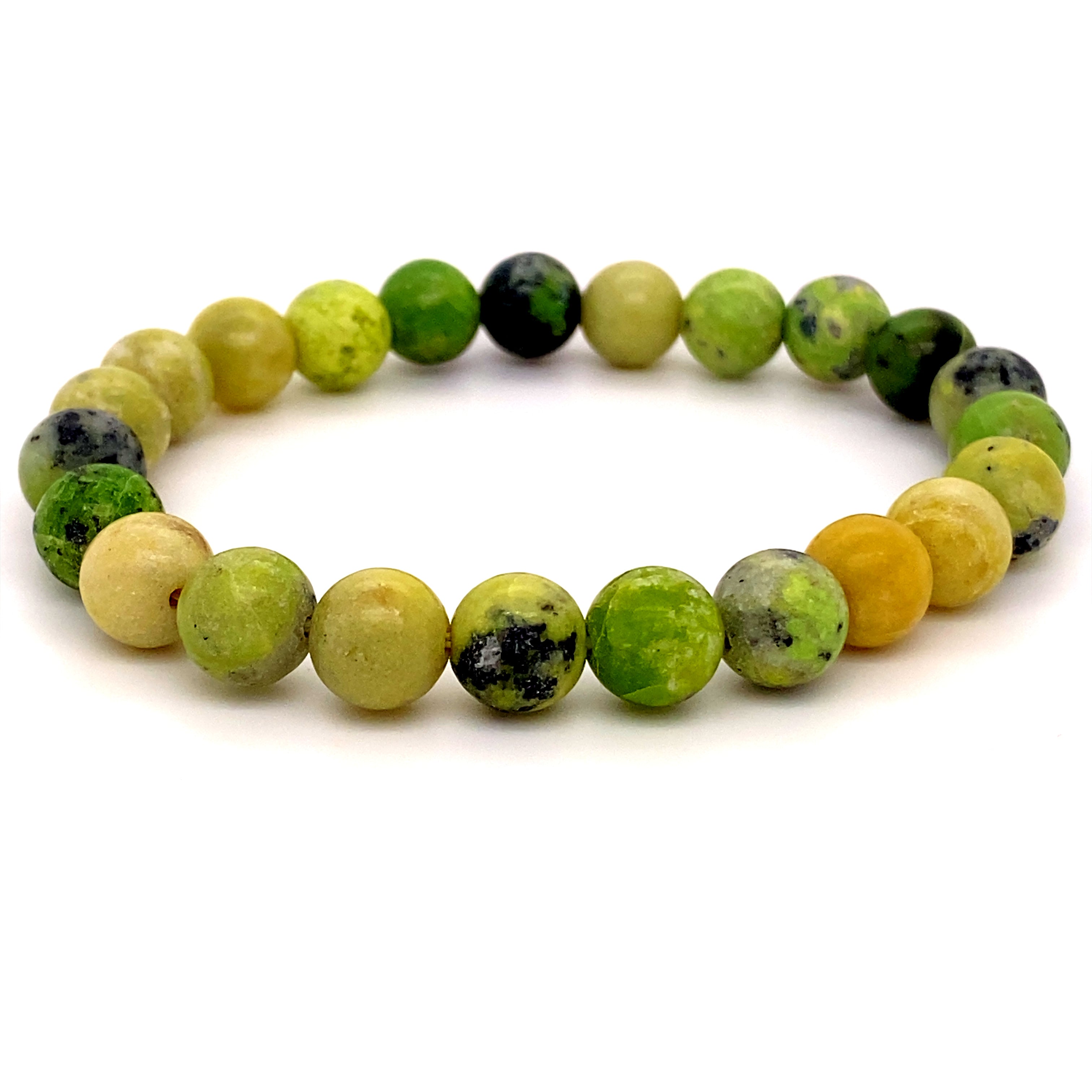 4mm Beaded Stone Bracelet made of various shades of green and black speckled beads, displayed on a white background as a healing stone bracelet.