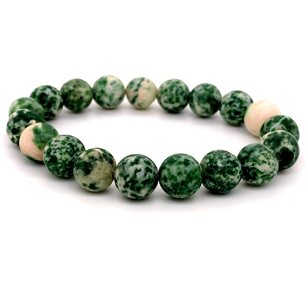 
                  
                    4mm Beaded Stone Bracelets made of round green-and-white mottled beads, arranged symmetrically, displayed on a white background.
                  
                